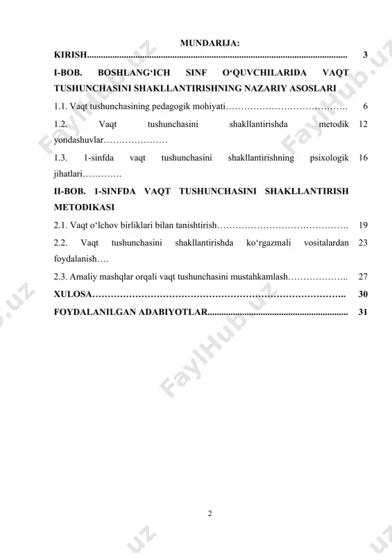 ul hisoblanadi. vaqt tushunchasining shakllanishi o‘quvchilarning faqat matematika fanidagi bilimlarini oshiribgina qolmay, balki ularning shaxsiy va ijtimoiy rivojlanishiga ham ijobiy ta’sir ko‘rsatadi. zamonaviy ta’lim jarayonida vaqt tushunchasini shakllantirish, o‘quvchilarning o‘z vaqtini boshqarish, vazifalarni vaqtida bajarish va rejalashtirish qobiliyatlarini rivojlantirishda katta ahamiyatga ega. vaqtni anglash, uni o‘lchash va taqqoslash kabi ko‘nikmalar nafaqat akademik fanlarda, balki kundalik hayotda ham muhim ahamiyat kasb etadi. shuning uchun vaqt tushunchasini erta yoshdan boshlab mustahkamlash zarur. pedagogik metodlar va usullarni to‘g‘ri tanlash va qo‘llash orqali 1-sinf o‘quvchilarida vaqt tushunchasini shakllantirish samaradorligini oshirish mumkin. ko‘rgazmali materiallar, interaktiv o‘yinlar, kundalik hayotdan misollar va amaliy mashqlar yordamida vaqtga oid tushunchalar osonroq va tezroq o‘zlashtiriladi. bu esa bolalarning o‘qishga bo‘lgan qiziqishini oshiradi, ularni faol va mustaqil o‘rganishga undaydi. vaqt tushunchasini shakllantirish o‘quvchilarning mantiqiy fikrlash, diqqatni jamlash va mas’uliyat kabi shaxsiy sifatlarini rivojlantirishga xizmat qiladi. bu yoshda bolalar vaqtni noto‘g‘ri tushunishlari sababli ko‘pincha vazifalarni bajarishda qiynalishadi, o‘rganishga qiziqishlari pasayadi. shu bois, …