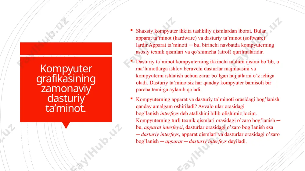 son va william fetter tomonidan kashf etilgan. iboraning qishqartma shakli cg (computer graphics) bo’lsada, ba’zan uni cgi («computer generated imaginary», ya’ni kompyuterda hosil bo’lgan tasavvur) deb talqin qilinadi. simvolli grafika. simvolli hisoblashlarni bajarishda ikkita asosiy vosita mavjud: symbolics (simvolli hisoblash) menyusi; matematika panelidan symbolic paneli. bu vositalar ancha murakkab simvolli hisoblashlarda qo‘llaniniladi. hozir esa oddiy simvolli hisoblashni bajarishning eng sodda usuli, ya’ni tez-tez ishlatilib turiladigan usullardan biri - simvolli tenglik belgisi (.) usulini ko‘rib chiqamiz. quyida bu usuldan foydalanishning ketma-ketlik tartibi berilgan: paint grafik muharriri. paint grafik muharriri ish oynasi bosh sahifa chiziq va figuralar matn kiritish ranglar tozalash fragmentlar rasmni o`zgartishoynaning asosiy qismimi ish oynasi tashkil qiladi. rasm ish oynasining bir qismida, to`la joylashishi yoki tashqariga chiqishi mumkin. agar rasm ish oynasidan tashqariga chiqsa ekran chetida kehgaytirib ko`rsatuvchi belgi paydo bo`ladi. rasm chegarasi o`chamini o`zgartirish uchun uzuk chiziqlar bilan o`raladi. adobe photoshop dasturini oʻrnatish. photoshop - bu eng asosiy …