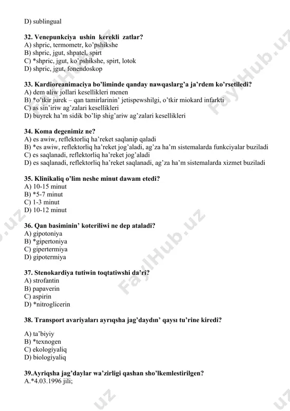 li uksus kislotasi eritpesine; b.etil spirtine; c.2%li ishimlik sodasi eritpesine; d.2% li novokainli eritpege; 56. fosfororganikaliq zatlarg’a kiredi: a. furacillin, vodorod peroksid; b. *tiofos, xlorofos; c. dibazol, magniy sulfat; d. formalin. 57.eresek adamnin’ qol pa’nje ko’lemi pu’tkil dene ko’leminen neshe % iyeleydi. a.* 1%; b. 2%; c. 5%; d. 9%. 58. bas ha’m moyin bo’limleri ko’lemi pu’tkil dene ko’leminen neshe % iyeleydi. a. *9%; b. 18%; c. 16%; d. 10% . 59. evakuaciya tiykarlari neshe tu’rge bo’linedi? a. 7 b. 3 c. *5 d. 4 60. o‘zbekistan aymag’inda terroristlik akt birinshi ma’rte qashan sa’dir etilgen? a.*16 fevral 1999 jili; b. 15 fevral 1999 jili; c. 17 fevral 1999 jili; d. 18 fevral 1998 jili; 61. ku’ydirgi keselliginin’ jasirin dа’wirinin’ dаwamlilig’i: a. 3-6 ku’n; b. *3-4 saаt; c. 2-6 ay; d. 15-80 ku’n. 62. chemadan sumkag’a saling’an partlawshi zatlardin’ qa’wipsizlik maydani? a. * 350-400 metr; b. 300-350 metr; c. 350-450 metr; …