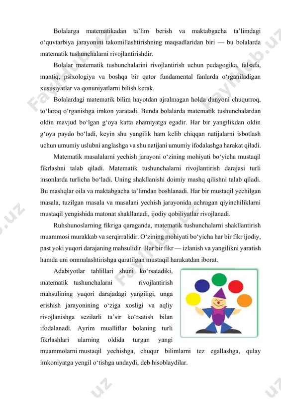 an iborat. adabiyotlar tahlillari shuni ko‘rsatadiki, matematik tushunchalarni rivojlantirish mahsulining yuqori darajadagi yangiligi, unga erishish jarayonining o‘ziga xosligi va aqliy rivojlanishga sezilarli ta’sir ko‘rsatish bilan ifodalanadi. ayrim mualliflar bolaning turli fikrlashlari ularning oldida turgan yangi muammolarni mustaqil yechishga, chuqur bilimlarni tez egallashga, qulay imkoniyatga yengil o‘tishga undaydi, deb hisoblaydilar. s.l.rubinshteynning birinchilardan bo‘lib umumiy aqliy rivojlanish borasida qilgan izlanishlari maqsadga muvofiqdir. u ruhshunoslikdagi faoliyat toifasini ruhiy izlanishning obyekti hamda maqsadi qilib kiritdi va asosladi. faoliyat nazariyasi asosida s.l. rubinshteyn faoliyat tushunchasini subyektdan obyektga o‘tish deb kiritadi. s.l.rubinshteyn faoliyatning ikkinchi bosqichini obyektdan subyektga qarab borgan aloqadan iborat deb hisoblaydi. s.l.rubinshteynning diqqat markazida, inson faoliyati jarayonida faqatgina o‘ziga xos bo‘lgan shaxs sifatida o‘zining xususiyatlarininamoyon etib qolmay, balki undagi ruhiyatning shakllanishi obyekt bo‘lib aniqlanadi, degan mazmun turadi. “faoliyat”, “harakat” tushunchalarining fundamental psixologik tushunchalari a. n. leontyev ishlarida yoritilgan. faoliyat — subyektning bir-biriga bog‘langan realligining o‘zaro ta’sir ko‘rsatishi deb bilgan a.n.leontyev, reallikning bola ongida aks …