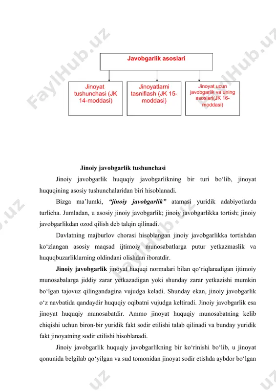 urlicha ta’rif beriladi. jinoiy javobgarlik tushunchasi umumiy jihatdan davlat va jinoyat sodir etgan shaxs o‘rtasida kelib chiqadigan jinoiy huquqiy munosabat sifatida tushuniladi. bunda davlatda jinoyat sodir qilgan shaxsga nisbatan jinoiy huquqiy ta’sir chorasini qo‘llash huquqi vujudga keladi. jinoyat sodir qilgan shaxsga nisbatan faqat shu huquqbuzarlik uchun sanksiyada belgilangan jazo chorasini qo‘llash majburiyati vujudga keladi va unga nisbatan xuddi shunday ta’sir chorasi qo‘llaniladi. jinoiy javobgarlik tushunchasini talqin qilishda uchta nazariya ahamiyatlidir: birinchi nazariya jinoyat sodir etgan shaxsga nisbatan jinoiy javobgarlik shaxsiy yoki mulkiy xususiyatdagi ta’sir chorasi ekanligini ifodalaydi. bu tushuncha ilmiy adabiyotlar va darsliklarda qayd etilgan. ikkinchi nazariya jinoiy javobgarlik jinoyat qonunchiligida ko‘rsatilgan davlat majburlov chorasi sifatida tushunadi, ya’ni aybdorga nisbatan sudlanganlik oqibatini keltirib chiqaruvchi majburlov chorasi qo‘llaniladi. uchinchi nazariyada jinoiy javobgarlik deganda, barcha jinoyat huquqiy munosabatlarni, shuningdek,, shaxs va davlat o‘rtasidagi(huquqni muhofaza etuvchi organlar timsolida) munosabatlar tushuniladi. i.y. kozachenkoning fikricha: “jinoiy javobgarlik – bu shaxs jinoyat sodir etgan vaqtdan boshlab …