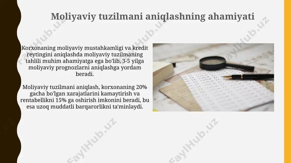 qarz mablag'lari tashkil qilsa, bu moliyaviy mustaqillik va xavf darajasi o'rtasidagi muvozanatni aks ettiradi. moliyaviy xavflarni baholash moliyaviy qiymatlarning o'zgarishi 10% dan oshganda, likvidlik xavfi 30% ga yetadi, shuning uchun konservativ moliyaviy siyosatni qo'llash zarur. kredit reytingi past bo'lgan korxonalar uchun qarz olish narxi 15-20% gacha oshishi mumkin, bu ularning rentabelligini pasaytiradi va moliyaviy xavflarni kuchaytiradi. moliyaviy qattiqlik va moslashuvchanlik moliyaviy moslashuvchanlik, aktivlarning 30% dan kamrog'i uzoq muddatli qarzlar bilan moliyalashtirilganda va likvidlik nisbati 1,5 dan yuqori bo'lganda yuqori bo'ladi. moliyaviy qattiqlik yuqori foizli qarzlarga bog'liqlikni va 20% dan yuqori darajadagi qarz/kapital nisbatini bildiradi, bu esa kompaniyaning moliyaviy xavflariga ta'sir qiladi. e'tiboringiz uchun rahmat @taqdimot_robot image1.jpg image2.jpg image3.jpg image4.jpg image5.jpg image6.jpg image7.jpg image8.jpg image9.jpg image10.jpg image11.jpg image12.jpg