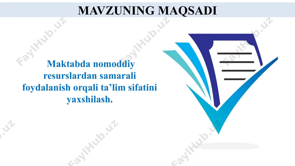 kengayishi o‘quvchilarning o‘qishga bo‘lgan motivatsiyasini oshiradi va ularning ta'limdagi muvaffaqiyatini ta'minlaydi. 2 maktablarda innovatsion texnologiyalarni qo‘llashdagi sustlik 1.raqamli o‘quv materiallari, masofaviy o‘qitish platformalarini joriy etish, 2.o`quvchilarga interaktiv o‘quv dasturlarini taqdim etish. 3. maktablar uchun raqamli platformalarni ishlab chiqish, o‘qituvchilarga texnologiyalarni qanday ishlatish bo‘yicha maxsus treninglar o‘tkazish. maktab rahbarlari, maktab amaliyotchi psixologi, informatika fani o‘qituvchisi. o‘quv yili davomida. innovatsion texnologiyalarni keng qo‘llash, masofaviy ta'limning kengayishi va interaktiv o‘quv vositalarining joriy etilishi ta'lim jarayonini yanada samarali qiladi. 3 aksariyat umumta’lim maktablarida malakali kadrlar va nomoddiy resurslarning yetishmasligi 1. o‘qituvchilarga pedagogik metodikalar va psixologik maslahatlar bo‘yicha resurslar taqdim etish. 2. pedagog xodimlarni zamonaviy texnologiyalar bo‘yicha kasbiy malaka oshirishlarini ta’minlash. 3. o‘qituvchilarga psixologik maslahatlar bo‘yicha onlayn platformalar bilan ta'minlash. maktab rahbarlari, maktab amaliyotchi psixologi, metod birlashma rahbarlari. o‘quv yili davomida. o‘zbekistonning ta'lim tizimi global ta'lim tendensiyalariga mos keladigan darajaga ko‘tariladi va xalqaro miqyosda tan olinadi. chora-tadbirlar rejasi 11 e’tiboringiz uchun rahmat! image1.jpeg image2.jpeg image3.jpeg …
