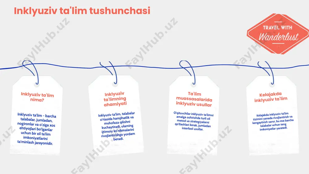 qa nuqtai nazardan fikrlash va muammolarni hal qilish ko'nikmalarini rivojlantirishga yordam beradi. bu usul o'quvchilarning ijodkorlik va muloqot qilish qobiliyatlarini oshiradi. guruhli ish guruhli ish o'quvchilarning birgalikda ishlash, fikr almashish va jamoaviy qaror qabul qilish ko'nikmalarini rivojlantiradi. bu usul ijtimoiy ta'sirni kuchaytiradi va o'quvchilar o'rtasida do'stlikni mustahkamlaydi. muammoli vazifalar muammoli vazifalar o'quvchilarda tanqidiy fikrlash va muammolarni hal qilish qobiliyatlarini rivojlantiradi. ushbu usul o'quvchilarni real hayotdagi muammolarni tadqiq qilishga undaydi va mustaqil fikrlashni rag'batlantiradi. o'yinlar o'yinlar ta'lim jarayonini qiziqarli va samarali qiladi. ular o'quvchilarni jalb etadi va o'rganish jarayonida ijobiy emotsiyalarni keltirib chiqaradi, bu esa o'z navbatida bilimlarni yaxshiroq o'zlashtirishga yordam beradi. 1 3 2 4 koreksion ta'limda interfaol usullarni qo'llash misollari maktabda rol o'ynash o'quvchilar tarixiy voqealarni rol o'ynash orqali ifoda etishlari mumkin. bu usul, shaxsiy tajriba va his-tuyg'ularni o'rganishga yordam beradi. guruhli loyiha o'quvchilar birgalikda ilmiy loyiha ustida ishlash orqali jamoada ishlash ko'nikmalarini rivojlantiradilar. bu interfaol usul, o'zaro fikr …