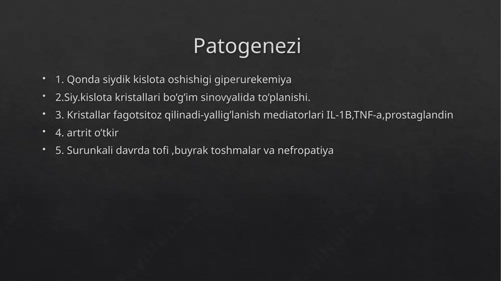 chapga siljigan neitrofil leikositoz, echt miqdorining oshishi biokimyoviy: huruj davrida seromukoid, fibrin, gaptoglobin, sial kislota, siydik kislota miqdorlarining oshishi. instrumental tekshiruv bo'g'imlar rentgenografiyasi – osteoporoz, «shtampli» o'choqlar, «suyak qirrasining bo'rtishi» simptomi. sinovial suyuqlikni tekshirish: rangi tinik, qovushqoqligi kamaigan. mikroskopik urat kristallari aniqlanadi. tofuslarning punksion biopsiyasi: siidik kislota kristallarining aniqlanishi podagrik artrit rentgenologiyasi asoratlari siydik-tosh kasalligi surunkali uratli (podagrik) nefropatiya bemorlarning 20-40%da proteinuriya va «yumshoq» arterial gipertenziya aniqlanadi kam hollarda nefroskleroz, og'ir arterial gipertenziya, buyrak faoliyatining buzilishi uratlar (siydik kislota tuzlari) suyak ichida tuplanishidan hosil bo’lgan destruksiya podagrali bemorlarda quiidagi yondosh kasalliklar bilan hastalanish darajasi oshadi: arterial gipertenziya qandli diabet tomirlarning aterosklerotik jarohatlanishi gipertrigliseridemiya dif diognostika psevdopodagra reaktiv artrit palindrom revmatizm revmatoid artrit o'tkir revmatik isitma osteoartroz davolash o’tkir podagrik artrit hurujini davolash uzoq vaqt permanent davolash rejim tana vaznini me’yorlash alkogolni istisno qilish parhez giperurekimiyani kamaitiruvchi dori vositalari fizioterapevtik davo sanator kurort davo jarrohlik io'li bilan davolash iii. dispaser nazorati …