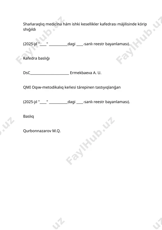 inbaydi, kewilliler kerek № orinlaw normativleri juwap joq toliq juwap berilmegen toliq juwap 1. perkussiya oń orta tekshe sızıǵı boyınsha, 2-qabırǵalar aralıq boslıǵınan joqarıdan tómenge anıq ókpe dawısınan anıq yemes ókpe dawısına shekem islenedi. 0 1 2 2. shegara anıq dawısqa qaray pleksimetr barmaq penen belgilenedi (1 ball) 0 1 2 3. perkussiya on orta klavikulyar sızıq boyınsha, kindikten bawırdıń tómengi shegarasına shekem, yaǵnıy timpanitten bawır gúńgirtligi payda bolǵansha ámelge asırıladı. 0 1 2 4. shegara aniq dawisqa qaragan pleximetr barmaǵı menen belgilenedi (ii noqat). 0 1 2 5. joqarǵi shegaradan lmedioclavicularis dextra boylap aldinǵi orta sızıqqa perpendikulyar túsiriledi (iii noqat). 0 1 2 6. keyin qarınnıń aldınǵı orta sızıǵı boyınsha, bawır gúńgirtligi payda bolǵansha joqarıǵa perkussiya yetiledi. 0 1 2 7. shegara anıq dawısqa qaray pleksimetr barmaq penen belgilenedi (iv noqat). 0 1 2 8. perkussiya shep qabırǵa dugası boylap oǵan parallel ráwishte islenedi, perkussiya shama menen aldınǵı aksiller …