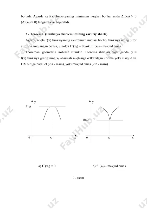 у = х4 funksiya uchun y`(x) = 4x3, y"(x) = 12x2, y`"(x) = 24x, y""(x) 24. y` = 0 tenglama yechimi x = 0 statsionar nuqtada y`(0) = y"(0) = y`"(0) = 0 va y""(0) = 24 > 0 bo`lgani uchun, uchinchi yetarli shartga ko`ra x = 0 - qat`iy minimum nuqta va y(0) = 0. 3. funksiyaning to`plamda eng katta va eng kichik qiymatlari amaliy iqtisodiyot, xususan optimatlash masalalarida funksiyaning v to`plamda eng katta va eng kichik qiymallarini, ya`ni global ekstrcmumlarini topish muhim ahamiyatga ega. bir o`zgaruvchili y = f(x) funksiya biror - bir v€r, to`plamda aniqlangan va x0 € v bo`lsin. agar liar bir x0 € v uchun f(x) ≤ f(x0) tengsizlik bajarilsa, x0 nuqtada f(x) funksiya o`zining eng katta fmax= f(x0) qiymatini qabul qiladi va aksincha, har bir x € v uchun f(x) > f(x0) munosabat o`rinli bo`lsa, u holda x() nuqtada f(x) funksiya o`zining eng kichik …