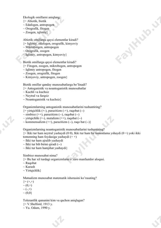 --) ~ ikki tur ham hamjihat yashaydi} simbioz munosabat nima? {= bu har xil turdagi organizmlarni o’zaro manfaatdor aloqasi. ~ raqobat ~ kurash ~ yirtqichlik} mutualizm munosabat matematik ishorasini ko’rasating? {= (+,+) ~ (0,+) ~ (-,+) ~ (0,0} tolerantlik qununini kim va qachon aniqlagan? {= v.shelford, 1913 y. ~ yu. odum, 1990 y. ~ v.vernadskiy, 1947 y. ~ d.kashkarov, 1927 y.} “allelopatiya” jarayonini tushuntiring? {= bir organizm ikkinchi organizmni siqib chiqaradi, yo’q bo’lishiga sabab bo’ladi ~ bir organizm ikkinchi organizmni siqib chiqaradi ~ bir organizm ikkinchi organizmni yashnatib yuboradi ~ bir organizm ikkinchi organizmni o’ldiradi} «intoksikatsiya» atamasi nimani anglatadi? {= muhitni barcha turlarini ifloslanishini ~ qisman ifloslanishini ~ atmosfera ifloslanishini ~ zararli moddalarni} «kontaminatsiya» atamasi nimani anglatadi? {= ekotizimda kimyoviy zararsiz parchalanmaydigan moddalar miqdorini oshishini ~ ekotizimda zararli moddalar miqdorini oshishini ~ ekotizimda kimyoviy reagentlarni oshishini ~ ekotizimda qattiq chiqindilarni ko’payishi} «peyorizasiya» atamasi nimani anglatadi? {= inson asabiga salbiy ta'sir …