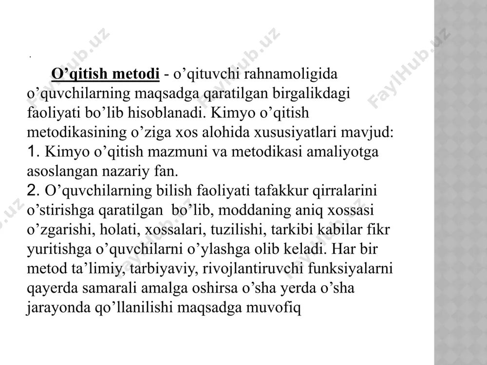 ng ijodiy ishning natijasi mahsuli) yaratish, o’qitish metodlari gruppalari: ko’rgazmali metod: a) ob‘ektlarni natural holida yoki vositali ko’rinishda namoyish qilish; b) kuzatish mustaqil faoliyat turidir; v) sayohat. og’zaki metod: a) og’zaki so’z -- hikoya qilib berish, -- tushuntirish, -- tavsiflash, -- suhbat, -- maktab ma‘ruzasi; b) bosma so’z -- kitoblar va boshqa bosma materiallar. amaliy metodlar: a) laboratoriya ishlari va maktab eksperimenti; b) amaliy ishlar; v) mashqlar. illyustrativ usuli ham tayyor bilimlar usuli hisoblanadi. uning dogmatik usulidan farqi shundaki o’qituvchi o’quv materialini dalil-isbot, ko’rgazmali qurol bilan bayon etadi. evristik usuli esa o’quvchilarning ozlari qiladigan ishi asosida tuziladi. ("evrika" - "kashfiyot" - "topdim'' - arximed). boshqacha qilib aytganda, "tadqiqot" usuli deb atasa ham bo’ladi. e’tiboringiz uchun rahmat. image1.jpeg /docprops/thumbnail.jpeg