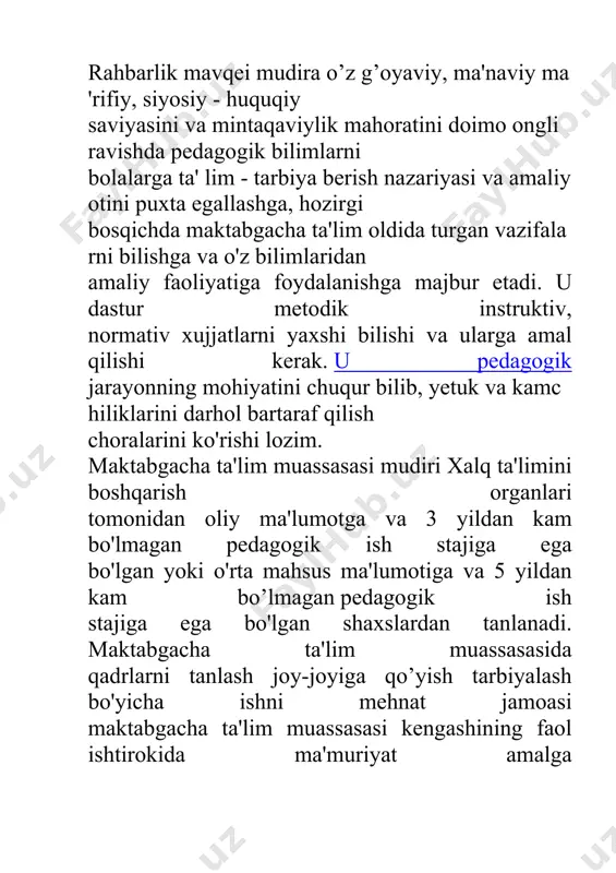 : 1. ota-onalar va jamoatchilik uchun konferensiyalar. 2. ota-onalar universitetlari. bunda oila markazidan vakil, yetuk olimlar, xalq ta'limi bo'limi xodimlari va barcha ota-onalar ishtirok etadilar. ota-onalar universitetning asosiy maqsadi:davlat va jamiyatimiz tomonidan oila va bolalar tarbiyasiga masalalari va kamchiliklarini, muammolarini hal etishdan iborat. mudira tashkiliy tegishli maktab bilan aloqa o'rnatib 1 yilga mo'ljallangan reja asosida ish ko'radi. 1- yilga mo'ljallangan reja asosida maktabgacha ta’lim muassasasi vazifalari, maktab tomonidan amalga oshiriladigan tadbirlar choralar, bolani maktab ta'limiga tayyorlash, lotin alifbosi o'qish yozish, mukammal o'rganish. bunda mudira va maktab direktorining vazifalari belgilanadi. a) ma'muriy xo’jalik faoliyat - bunda reja kontingenti bo'yicha bolalarni joylashtirish, maktabgacha ta'lim muassasasi dasturining maktabgacha ta'lim tizimiga belgilangan xarajatlarni o'z vaqtida joy - joyiga qo'yib ishlatishni tashkil etish, bolalarni ovqatlantirishini to'g’ri tashkil etish, yozgi sog’ lomlashtirish sezonlarini tashkil etish, xizmat qiluvchi xodimlarni to'g’ri joylashtirish va ishlash malakalarini oshirish, mehnatni ratsional ravishda tashkil etishdan iborat. mudira maktabgacha ta'lim muassasasiga kerakli texnikaviy …