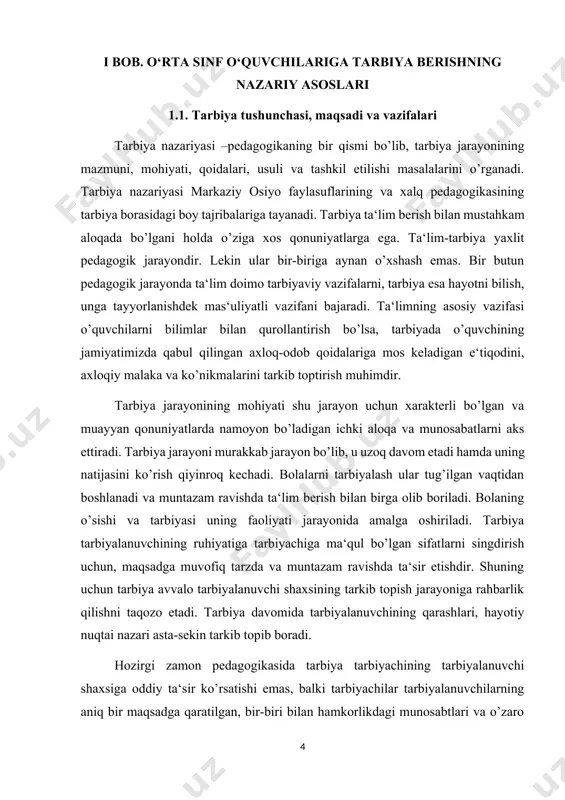 ‘dodi bilan ajralib turuvchi, ishbilarmon, har tomonlama rivojlangan komil insonni tarbiyalash zamon taqozosidir. tarbiya jarayonida kishining turli qobiliyatlari rivojlanadi, g’oyaviy, axloqiy, irodaviy, estetik xislatlari shakllanadi, tabiatga, jamiyatga ilmiy qarashlar tizimi tarkib topadi, jismoniy kuch-quvvatlari mustahkamlanadi. bola kattalarning tajribalarini sust holda emas, balki faol ravishda o’zlashtiradi: bu o’zlashtirishda uning ongli harakati, tirishqoqligi katta ahamiyatga ega bo’ladi. tarbiyalanuvchilar muayyan darajada aktiv faoliyat ko’rsatmasalar tajriba va bilimni o’zlashtira olmaydilar. bolalaning yoshi ulg’aygan sari bu faollik tobora ko’proq mustaqil xususiyatlarga ega bo’lib boradi; tarbiyalanuvchilar o’zlarida dunyoqarashni tarkib toptirishga, o’z-o’zini takomillashtirish, tabiat, jamiyat va turmushda uchraydigan hodisalarni tushunishga ko’nika boradilar. tarbiyaga barcha davrlarning ilg’or kishilari yuqori baho berganlar. xalq donishmandlari va mutafakkirlaridan abu nasr forobiy, abu rayhon beruniy, ibn sino, mirzo ulug’bek, alisher navoiy, zavqiy, furqat, avaz o’tar, hamza, abdulla avloniy kabilar inson kamolotini ilm-fan va tarbiyada deb bilganlar. tarbiya jarayoni o’z-o’zini tarbiyalash bilan mustaxkam bog’langan. o’z-o’zini tarbiyalash kishining o’z shaxsini o’zgartirishga qaratilgan faoliyatidir. o’z-o’zini …