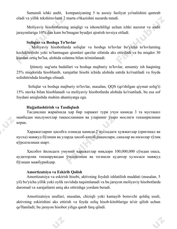 rta o'tkazishni nazarda tutadi. moliyaviy hisobotlarning aniqligi va ishonchliligi uchun ichki nazorat va audit jarayonlariga 10% dan kam bo'lmagan byudjet ajratish tavsiya etiladi. soliqlar va boshqa to'lovlar moliyaviy hisobotlarda soliqlar va boshqa to'lovlar bo'yicha to'lovlarning kechiktirilishi yoki to'lanmagan qismlari qarzlar sifatida aks ettiriladi va bu miqdor 30 kundan ortiq bo'lsa, alohida eslatma bilan ta'minlanadi. ijtimoiy sug'urta badallari va boshqa majburiy to'lovlar, umumiy ish haqining 25% miqdorida hisoblanib, xarajatlar hisobi ichida alohida satrda ko'rsatiladi va foyda solishtirishda hisobga olinadi. soliqlar va boshqa majburiy to'lovlar, masalan, qqs (qo'shilgan qiymat solig'i) 15% stavka bilan hisoblanadi va moliyaviy hisobotlarda alohida ko'rsatiladi, bu esa sof foydani aniqlashda muhim ahamiyatga ega. hujjatlashtirish va tasdiqlash тасдиқлаш жараёнида ҳар бир харажат тури учун камида 3 та мустақил манбадан маълумотлар таққосланиши ва уларнинг ўзаро мослиги текширилиши керак. харажатларни ҳисобга олишда камида 2 нусхадаги ҳужжатлар (оригинал ва нусха) мавжуд бўлиши ва уларда ҳисоб-китоб рақамлари, саналар ва имзолар тўлиқ кўрсатилиши шарт. …