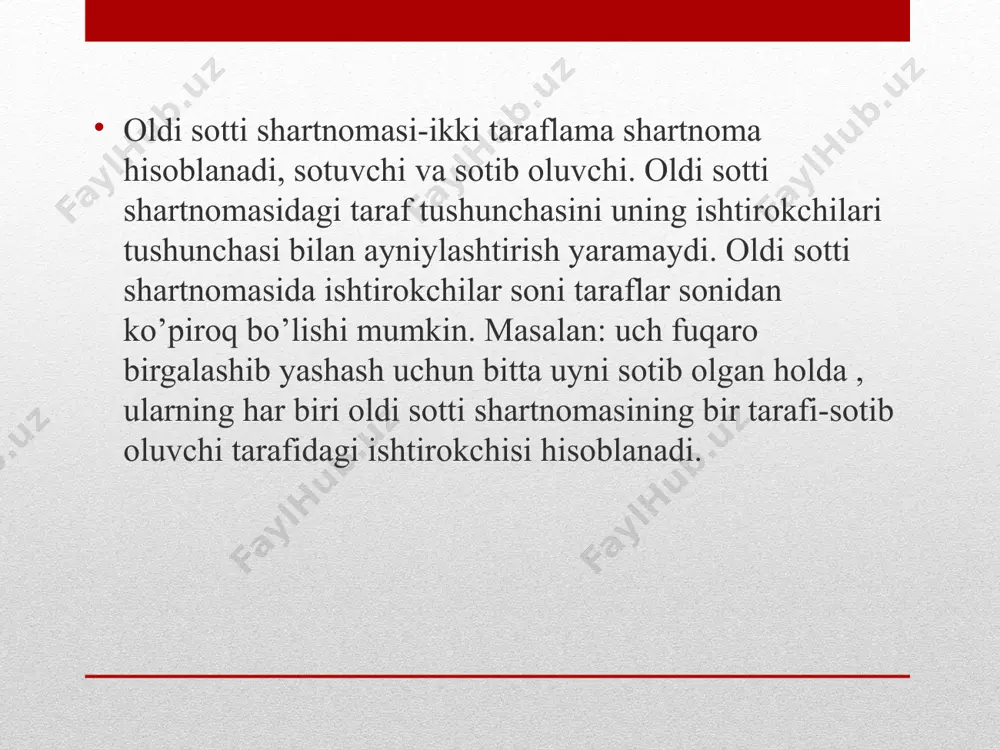 s ixtiyoriga topshirilgan payt sotuvchining tovarni topshirish majburiyatini bajarish payti hisoblanadi. sotuvchining sotilgan mol-mulkni saqlash majburiyati: mulk huquqi yoki boshqa ashyoviy huquq mol-mulkni topshirishdan oldin sotib oluvchiga o’tgan holda, sotuvchi mol-mulkning sifati yomonlashishiga yo’l qo’ymay, uni topshurginga qadar saqlashi shart. bundan sotib oluvchining sotuvchi sotilgan tovar topshirilgunga qadar uni saqlab turish va asrash uchun qilgan xarajatlarini qoplash majburiyati kelip chiqadi. tovarning tasodifan nobud bo’lishi yoki tasodifan shikastlanishi xavfining o’tishi: agar oldi sotdi shartnomasida boshqacha tartib nazarda tutilgan bo’lmasa, tovarning tasodifan nobud bo’lishi yoki tasodifan shikastlanishi xavfi sotuvchi tovarni sotib oluvchiga topshirish bo’yicha o’z majburiyatini qonun yoki shartnomaga muvofiq bajargan deb xisoblangan paytdan boshlab sotib oluvchiga o’tadi. agar taraflar kelishuvida boshqacha kelishuv nazarda tutilgan bo’lmasa, yo’lda bo’lgan paytida sotilgan tovarning tasodifan nobud bo’lishi yoki tasodifan shikastlanishi shartnoma tuzilgan paytdan boshlab sotib oluvchiga o’tadi. tovarlarning xalqaro oldi-sotdi shartnomalarida bu masala inkoterms qoidalari bilan tartibga solinishi mumkin. sotuvchining tovarni uchinchi shaxslar huquqlaridan ozod …