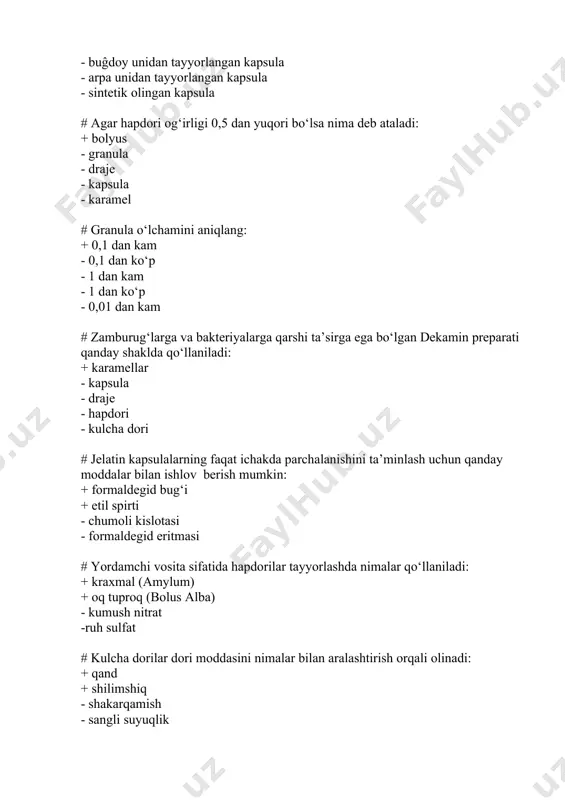 -changlatgich moslamasi bilan jihozlangan, propellant bosimi ostidagi germetik o‘ramda (aerozol ballon) eritma, emulsiya yoki suspenziyadan iborat faol modda saqlovchi dori shaklidir: +aerozollar -kapsulalar -spreylar -ingalyatorlari -surtmalari # ko z plyonkalarning ko z tomchilariga nisbatan afzalliklari:ʻ ʻ +dori uzoq saqlanadi -qo llash qulayʻ +steril saqlanadi -olib yurish qulay +mustahkamligi -ta'sir doirasi keng # zamonaviy gazsimon dori shakllariga nimalar kiradi: +tibbiy gazlar -ingalyatorlari +aerozollar, spreylar -nefulayzerlar # sirtga qo llash uchun aerazol preparatlari, qanaqa dori shakllarida ishlatiladi:ʻ +eritma, linementlar -gaz, aerozollar +ko pik, plastik plyonkaʻ -kapsula, granula # qattiq dori shakllarining kamchiliklari: -fizik barqaror +terapevtik ta'siri sekin yuzaga chiqadi - olib yurish qulay +peroral preparatlar meda - ichak yo llarining shilliq qavatini qitiqlashi mumkinʻ -tashish va saqlash noqulay + qabul qilish rejimiga qattiy rioya qilish zarur # dozalangan kukunli ingilyatorning afzalliklari: +olib yurish qulay -intensiv nafas olishni talab qiladi + propellent saqlamaydi -uchuvchan # tog‘ri rasmiylashtirilgan reseptni ko‘rsating, streptosidning juda mayda kukunidan …