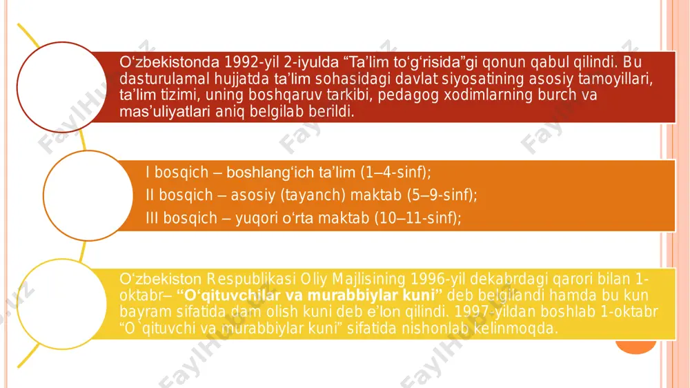 997-yil 29-avgustda oliy majlisning ix sessiyasida „barkamol avlod —o‘zbekiston taraqqiyotining poydevori“ mavzusida ma’ruza qildi.  1997-yil 29-avgust kuni o‘zbekiston respublikasi oliy majlisining ix sessiyasida o‘zbekiston respublikasining „ta’lim to‘g‘risida“ gi yangi qonuni va „kadrlar tayyorlash milliy dasturi“ qabul qilindi. ularda ta’lim sohasidagi davlat siyosatining quyidagi asosiy prinsiplari belgilab berildi:  ta’lim va tarbiyaning insonparvar, demokratik xarakterda ekanligi;  ta’limning uzluksizligi va izchilligi;  umumiy-o‘rta, shuningdek o‘rta maxsus, kasb-hunar ta’limining majburiyligi;  o‘rta maxsus, kasb-hunar ta’limining yo‘nalishini: akademik litseyda yoki kasb-hunar kollejida o‘qishni tanlashning ixtiyoriyligi;  ta’lim tizimining dunyoviy xarakterda ekanligi;  davlat ta’lim standartlari doirasida ta’lim olishning hamma uchun ochiqligi;  ta’lim dasturlarini tanlashga yagona va tabaqalashtirilgan yondashuv;  bilimli bo‘lishni va iste’dodni rag‘batlantirish;  ta’lim tizimida davlat va jamoat boshqaruvini uyg‘unlashtirish. ta’lim tizimi o‘zbekiston respublikasining “ta’lim to‘g‘risida”gi qonuni asosida maktabgacha ta’lim oliy ta’limdan keyingi ta’lim malaka oshirish va kadrlarni qayta tayyorlash umumiy o‘rta, o‘rta maxsus ta’lim maktabdan tashqari ta’lim oliy …