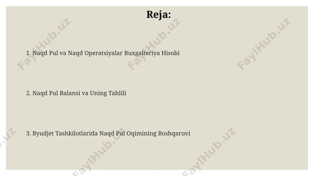 yatidagi 5 ta davlat muassasasi ichki nazorat tizimlarini takomillashtirish orqali 2023 yilda naqd pul yo'qotishlarini 15% ga kamaytirdi. toshkent shahridagi banklar 2022 yilda naqd pul xavfsizligini ta'minlash uchun 3 million dollar sarflab, avtomatlashtirilgan tizimlarni joriy etdi va bu o'g'irlik holatlarini 20% ga kamaytirdi. samarqanddagi "xalq bank" filialida joriy etilgan yangi ichki nazorat tizimi, 4 nafar xodimining ishtiroki bilan sodir bo'ladigan firibgarliklarni aniqlash samaradorligini 80% ga oshirdi. xulosa va tavsiyalar нақд пулнинг етишмовчилиги ва ортиқчасини аниқлаш бўйича 5 та асосий омилни аниқлаш ва ҳар бир омил учун 2 тадан самарали ечимларни таклиф этиш орқали, самарқанд вилоятидаги тажриба натижалари кўрсатилди. ўзбекистон республикаси молия вазирлигининг 2023 йилги 15-сонли буйруғига асосан, бюджет ташкилотларидаги нақд пул операцияларини электрон ҳисобга олиш тизимини жорий этиш, ҳисоботларни тайёрлаш вақтини 10% га қисқартиради. бюджет ташкилотларидаги нақд пул операцияларини ҳисобга олишнинг самарадорлигини ошириш учун 2024 йилгача 30% гача автоматизация даражасини ошириш бўйича таклифлар ишлаб чиқилди ва тошкент шаҳридаги семинарда муҳокама …