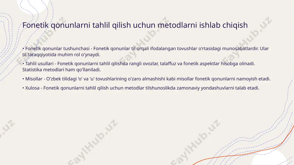 z navbatida, tilning boyligini ko'rsatadi. o'zbek shevalarining fonetik strukturasini ko'rib chiqish • fonetik xususiyatlar - o'zbek shevalarining fonetik strukturasida tovushlar va ularning talaffuzdagi farqlari muhim o'rin tutadi. • vokal sistema - o'zbek shevalarida vokal tovushlar va ularning uzunligi o'zgarishi fonetik strukturasiga ta'sir etadi. dialektologiya fanida fonetik qonunlarning roli • fonetik qonunlar haqida - fonetik qonunlar tilning ovozlar sistemasidagi o'zgarishlarni tushuntiradi. ular mintaqalarning talaffuz xususiyatlarini belgilaydi. • dialektlarning shakllanishi - dialektlar fonetik qonunlar asosida shakllanadi. har bir mintaqaning o'ziga xos talaffuz uslubi bor. • misollar - masalan, ayrim hududlarda 'o' tovushi 'u'ga aylanishi mumkin. bu differensatsiyaning bir ko'rinishi. • umumiy ahamiyati - fonetik qonunlar dialektologiyada muhim rol o'ynaydi. ular insonlararo kommunikatsiyani yaxshilaydi. o'zbek shevalarining fonetik qonunlarini taqqoslash • fonetik o'zgarishlar - o'zbek shevalarida fonetik o'zgarishlar regionga qarab farqlanadi. masalan, janubiy shevalarda unli tovushlarning qisqarishi ko'proq uchraydi. • uchuvchi unli tovushlar - kichik shevalarda uchuvchi unli tovushlar qattiq ovozlardan oldin uzoqroq bo'lishi …