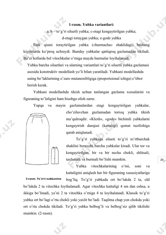 shaklini beruvchi barcha yubkalar kiradi. ular tor va kengaytirilgan, bir va bir necha chokli, shlitsali, taxlamali va burmali bo’lishi mumkin. yubka vitochkalarining o’rni, soni va kattaligini aniqlash har bir figuraning xususiyatlariga bog’liq. to’g’ri yubkada ort bo’lakda 2 ta, old bo’lakda 2 ta vitochka loyihalanadi. agar vitochka kattaligi 4 sm dan oshsa, u ikkiga bo’linadi, ya’ni 2 ta vitochka o’rniga 4 ta loyihalanadi. klassik to’g’ri yubka ort bo’lagi o’rta chokli yoki yaxlit bo’ladi. taqilma chap yon chokda yoki ort o’rta chokda tikiladi. to’g’ri yubka belbog’li va belbog’siz qilib tikilishi mumkin. (2-rasm). klassik to’g’ri yubkaning chiziqlar bilan bo’linishi 3-rasmda ko’rsatilgan. 3-rasm. to’g’ri yubkaning konstruktiv chiziqlari va asosiy bo’laklari. to’g’ri yubka chizmasini chizish va modyellash to’g’ri yubka chizmasini o’quvchilar nazariy darslarda o’zlashtiradilar. misol tariqasida 164-96-100 o’lchamli figura uchun yubka bazis to’r va asos konstruktsiyasi chizmasi berilgan. yubkani qurish uchun dastlabki ma’lumotlar: r=164, ogii – 96; ob = 100 sm 1-jadval o’lchov belgisi belgilanishi …