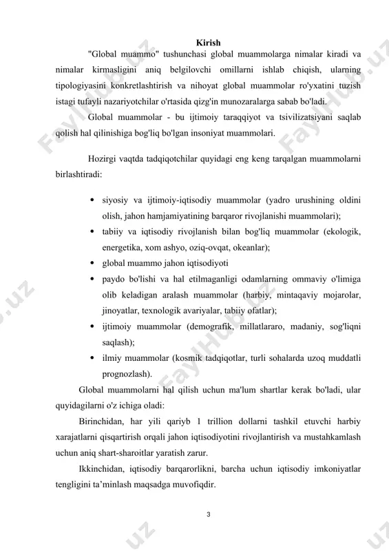 , davriy nashrlar materiallari (meiieo, the economist), ilmiy ma'ruzalar va ilmiy-amaliy konferentsiyalar materiallari va keng ko'lamli statistik ma'lumotlar (mdh statistikasi). kurs ishida quyidagi ilmiy uslublardan foydalanilgan: tahlil, taqqoslash, balans usuli, iqtisodiy va statistik usullar. i bob . jahon iqtisodiyotidagi global muammolarning nazariy jihatlari 1.1. global muammolarning mohiyati va tasnifi iqtisodiy faoliyatning globallashuvi jahon iqtisodiyoti mexanizmiga 60-yillarning oxiri va 70-yillarning boshlarida jahon hamjamiyati birinchi marta gapirgan muammolarning tobora kuchayib borishiga olib keldi. ushbu muammolar global deb nomlandi va "globalistika" atamasi xalqaro iqtisodiy tadqiqotlarning o'ziga xos sohasi sifatida ilmiy foydalanishga kiritildi. zamonamizning global muammolari jahon sivilizatsiyasining zamonaviy inqirozi mazmunini tashkil etuvchi qarama-qarshi jarayonlar majmuidir. ular zamonaviy insoniyat hayotining turli sohalarining notekis rivojlanishi va odamlarning ijtimoiy-iqtisodiy, siyosiy, mafkuraviy, ijtimoiy-tabiiy va boshqa munosabatlarida yuzaga keladigan qarama-qarshiliklardan kelib chiqadi. bu muammolar butun insoniyat hayotiga ta'sir qiladi. zamonamizning global muammolarining manbalarini shartli ravishda ikki guruhga bo'lish mumkin: inson va tabiat o'rtasidagi kelishmovchiliklarning chuqurlashishi (ekologik, oziq-ovqat, energiya …