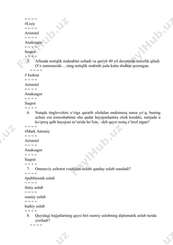 . quyidagi hujjatlarning qaysi biri rasmiy uslubning diplomatik uslub turida yoziladi? = = = = #konvensiya = = = = -jinoiy aktlar = = = = bildirgi = = = = qonun + + + + 9. “o‘zbekiston respublikasining davlat tili haqida”gi qonuni qachon chiqarilgan? = = = = #1989-yil 21-oktabr = = = = 1995-yil 6-may = = = = 1993-yil 2-sentabr = = = = 1995-yil 21-dekabr + + + + 10. “lotin yozuviga asoslangan o‘zbek alifbosini joriy etish to‘g‘risida”gi qonun qachon qabul qilingan? = = = = #1993-yil 2-sentabr = = = = 1995-yil 6-may = = = = 1989-yil 21-oktabr = = = = 1995-yil 21-dekabr + + + + 11. “lotin yozuviga asoslangan o‘zbek alifbosini joriy etish to‘g‘risida”gi qonunga o‘zgartirish qachon qabul qilingan? = = = = #1995-yil 6-may = = = = 1995-yil 2-sentabr = = = = 1989-yil 21-oktabr = = = = …