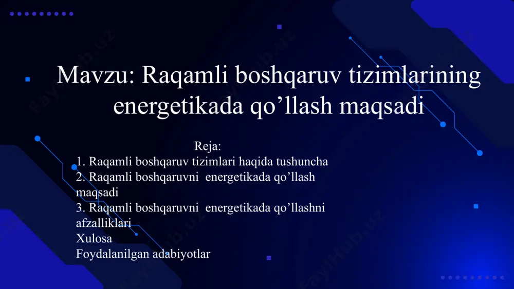getikada boshqaruv tizimlarining roli energetikada boshqaruv tizimlari muhim rol o'ynaydi, chunki ular resurslarni iqtisodiy va muhofaza qilishni ta'minlaydi. ular energiya sarfini sezilarli darajada kamaytirishga yordam beradi va ta'minotning uzluksizligini oshiradi. tizimlarning asosiy funktsiyalari boshqaruv tizimlarining asosiy funktsiyalari ichiga energiya monitoringi, nazorat qilish, tahlil qilish va ma'lumotlar uzatish kiradi. bu funktsiyalar energiya sarfini optimallashtirish va xarajatlarni kamaytirishga imkon beradi. resurslarni samarali boshqarish raqamli boshqaruv tizimlari resurslarni samarali boshqarish imkonini beradi va energiya xaridlarini optimallashtiradi. bu orqali energiya manbalaridan yanada samarali foydalanish va isrofni kamaytirish mumkin. energiya sarfini optimallashtirish raqamli tizimlar energiya sarfini optimallashtirish uchun ma'lumotlar tahlilini ta'minlaydi, bu esa energiya iste'molini pasaytiradi hamda iqtisodiy foyda keltiradi. xatolar va muammolarni kamaytirish raqamli boshqaruv tizimlari tarmoqdagi xatolarni va muammolarni aniqlash va avtomatik ravishda bartaraf etish imkonini beradi, bu esa energiya ta'minotini uzluksizligini ta'minlaydi. iot va sensorlar iot (internet of things) va sensorlar energiya tizimlarining o'lchov va monitoringini yaxshilash uchun qo'llaniladi. ular energiya iste'moli …