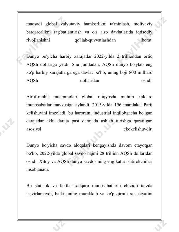 masalan, 2020 yilda qo'shma shtatlar mudofaaga 732 milliard dollar ajratgan, bu esa jami global harbiy xarajatlarning deyarli uchdan biriga tengdir. xitoy esa 2020 yilda 178 milliard dollar harbiy byudjet bilan ikkinchi o‘rinni egallagan. iqtisodiy xavfsizlik siyosati mamlakatning iqtisodiy mustaqilligi va barqarorligini ta'minlashga qaratilgan. ushbu siyosat doirasida iqtisodiy o‘sishni qo‘llab-quvvatlash, ishsizlik darajasini nazorat qilish va inflyatsiyani boshqarish kabilar muhim ahamiyatga ega. masalan, 2021 yilda jahon bankining ma’lumotlariga ko‘ra, dunyo miqyosidagi iqtisodiy o‘sish 5.6%ni tashkil etdi, bu esa oxirgi 80 yildagi eng yuqori ko‘rsatkichlardan biridir. shu sababli iqtisodiy xavfsizlik har qachongidan dolzarb mavzuga aylangan. kiberxavfsizlik siyosati zamonaviy dunyoda tobora ko‘proq ahamiyat kasb etmoqda, chunki ko‘plab davlat va kompaniyalar o‘z faoliyatlarini raqamli platformalarga ko‘chirishmoqda. xalqaro kiberxavfsizlik bo‘yicha 2022 yilda qabul qilingan hisob-kitoblarga ko‘ra, global kibertahdidlar natijasida dunyo miqyosida yiliga 6 trillion dollar zarar yetkazilayotgani aytiladi. shu sababli, ko'plab davlatlar va tashkilotlar kibertahdidlarni kamaytirish va ma’lumotlarni himoya qilish uchun kuchli xavfsizlik siyosatlarini ishlab chiqmoqda …