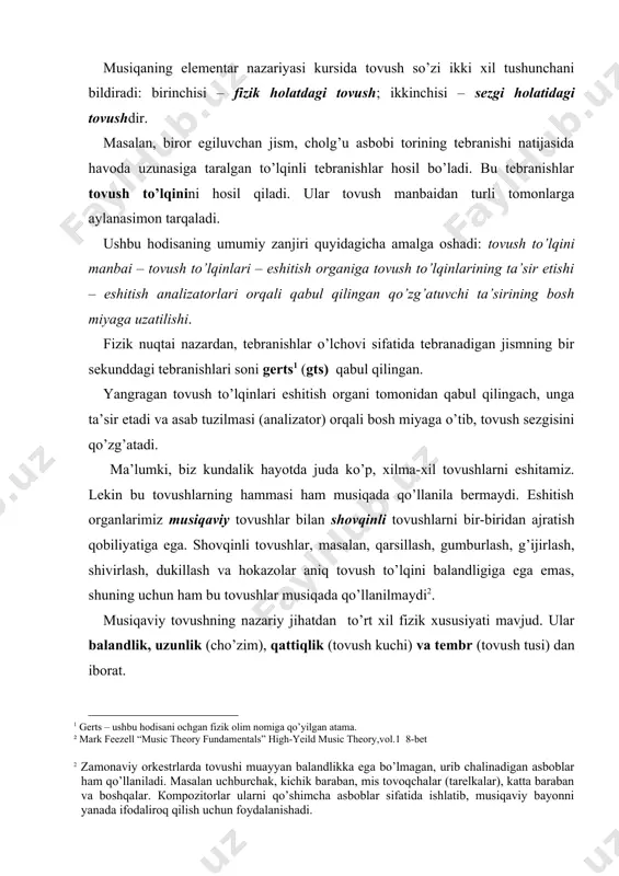 alik baland bo’ladi va aksincha, tebranish qanchalik sust bo’lsa, tovush shunchalik past bo’ladi. yangrayotgan tovushning cho’zimi xe "товушнинг чўзими" tebranayotgan jismning to’lqin amplitudasiga bog’liqdir. tovushning uzun yoki qisqaligidan uning fizik xarakteri o’zgarmaydi, lekin musiqa nuqtai nazaridan tovushning cho’zimi uning yana bir xususiyati bo’lib, muhim ahamiyatga egadir. tovush cho’zimi tovush manbai tebranishining davom etishiga bog’liq bo’ladi. masalan, tovush chiqa boshlaganda tovush manbaining tebranishi qanchalik keng bo’lsa, tovushning pasayib borishi ham shuncha uzoq davom etadi. bunda albatta, tovush manbai bo’lgan jism erkin tebranishi shart. yangrayotgan tovushning qattiqligi tebranish harakatining kuchiga, ya’ni, tovush manbai bo’lgan jismning tebranish kengligiga bog’liqdir. tebranish harakatlari amalga oshiriladigan fazo doirasi tebranish amplitudasi (kengligi) deyiladi (1 – rasmga qaralsin). 1 – rasm. tebranish amplitudasi qanchalik katta bo’lsa, tovush shunchalik qattiq eshitiladi va aksincha. tembr xe "тембр" deb tovushning sifat xususiyati, uning rang-barangligiga aytiladi. tembr xususiyatlarini ifodalashda his-tuyg’ularga taalluqli turli iboralar qo’llaniladi, masalan: mayin, keskin, yo’g’on, jarangdor, kuychan tovush deyishadi …