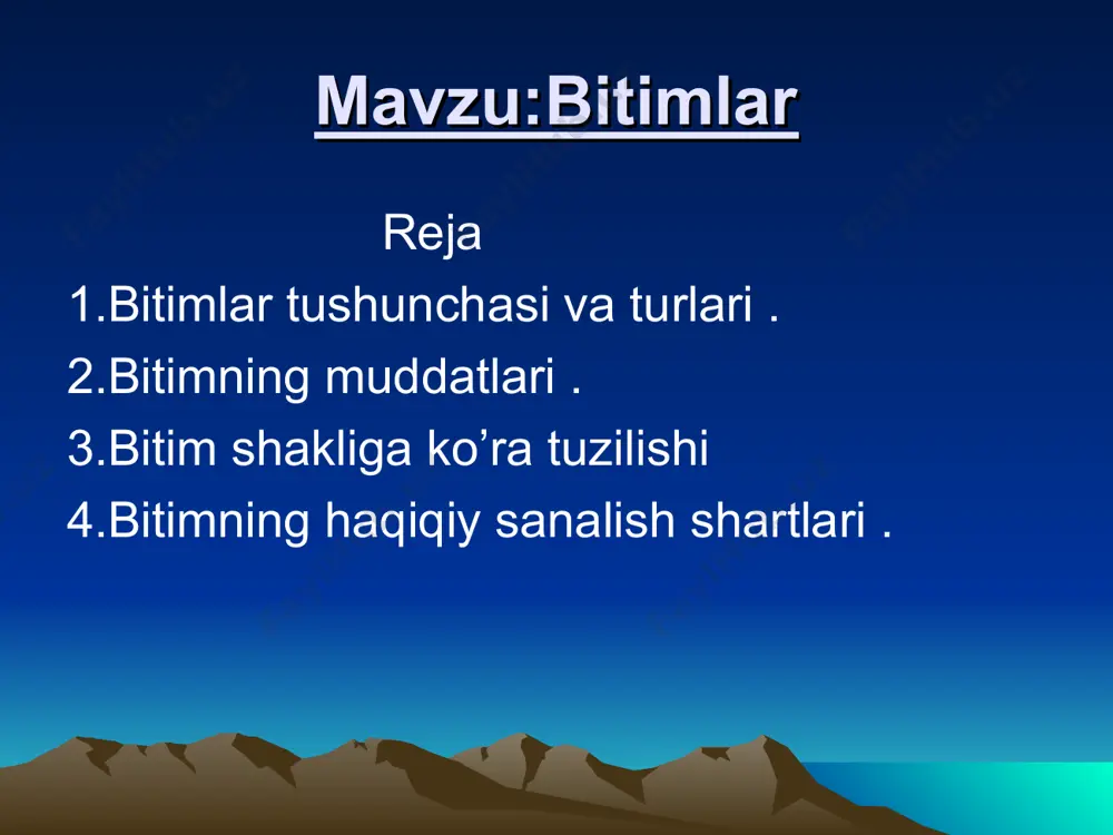tim tuzishga bo’lgan xoxish irodasi bo’linib turgan holda ham bunday bitim tuzilgan hisoblanadi. jeton ,patta yoki odatda qabul qilingan boshqa belgi berish bilan tasdiqlangan bitim, agar qonun hujjatlarida boshqacha tartib belgilanganda bo’lmasa og’zaki shaklda tuzilgan hisoblanadi. bitimlarning o’ziga xos xususiyati bitimga asos bo’ladigan qandaydir maqsadga erishish uchun amalga oshiriladi. ayrim hollarda bitmning asosiy mazmunidan bilinib turadi boshqa hollarda mazmuning uni amalga oshirish maqsadini bilib olish qiyin bo’ladi. birinchi holda bitim tasodifiy ikkinchi holda abstrakt mavhum deyiladi . o’zbekiston respublikasining fuqorolik kodeksiga muvofiq quydagi bitimlar haqiqiy sanalmaydi g’ayriqonuniy bitm yuridik shaxsning huquqiy qobiliyatini buzgan holda tuzilgan bitim muomala layoqatiga layoqatsiz shaxs tuzgan bitimlar qonunda belgilangan shaklini buzib amalga oshirilgan bitim soxta yoki yolg’ontakam bitimlar. bitim bo’yicha huquq va vazifalarining paydo bo’lishi yoki to’xtalishi qandaydir holatlar ,shart sharoitlarining boshlanishiga bog’liq bo’ladi . ular bitm mazmuniga kiritiladi bunday bitmlar shartli bitishuvlar deyiladi . shartlar quyidagi talablarga javob berishi lozim . ular kelajakga qaratilgan …