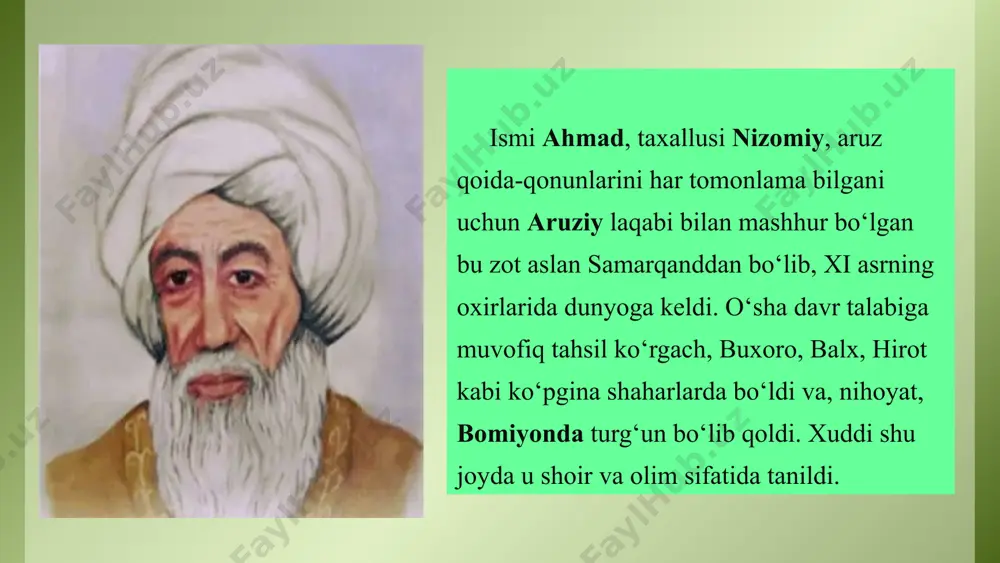 ’noni anglatadi. bu ham muhimdir. chunki shoirhayotning turli-tuman voqea-hodisalariga murojaat etar ekan,u ana shularga doir ma’lumotga ega bo‘lmog‘i darkor, boshqacha qilib aytganda, u o‘z zamonasidagi ilmlardan xabardor bo‘lishi va ularni puxta o‘rganishi lozim. nizomiy aruziy bu orqali shoir tafakkurini tor doiradan keng maydonga yo‘naltiradi, shuning vositasida shoirlikning oddiy va jo‘n kasb emas, balki sharafli san’atkorlik, qobiliyatning ifodasi bo‘lishini istar edi. bunday istak esa foydali va ahamiyatlidir. daqiq un-nazar iborasi ham arabcha bo‘lib, nozik mushohada, diqqat bilan qarash, kuzatuvchan bo‘lish ma’nolarini anglatadi. bu fazilat haqiqiy shoir uchun zaruriy bo‘lib, usiz shoir o‘quvchi ko‘nglini maftun eta oladigan asarlarni yaratishi qiyin. chunki shoir oddiy o‘quvchilarga nisbatan hayot voqea-hodisalarida, uning kichik lahzalarida katta ma’noni seza olmog‘i, o‘zgacha aytganda, zarrada quyoshni, chigitda atom kuchini seza olmog‘i kerak. shuning bilan bir qatorda nizomiy aruziy shoir uchun zaruriy fazilatlardan biri sifatida o‘tmish va zamondosh shoirlar asarlaridan ko‘plab she’r yodlashni uqtiradi. uning ta’kidiga ko‘ra, shoir o‘tmishdoshlari ijodidan yigirma …