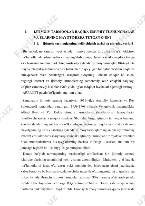 ular keyinchalik foydalanuvchilarning muloqoti va o’zaro ta’siri uchun onlayn xizmatlar ishlab chiqilishiga asos bo’ldi. profil - bu ro’yxatdan o’tgandan keyin onlayn hayot boshlanadigan joy. profilda odatda ishtirokchining jinsi, yoshi, oilaviy ahvoli, ma’lumoti, ish joylari va qiziqishlari haqidagi ma’lumotlar mavjud. axborot texnologiyalari nuqtai nazaridan profil - bu aktyorlar bazasidagi yozuv. boshqa ishtirokchilar o’z profiliga qarab foydalanuvchi hisobini topishlari mumkin bo’ladi. ijtimoiy tarmoqlarning o’ziga xos xususiyatlaridan biri bu "do’stlar" va "guruhlar" tizimidir ijtimoiy tarmoqlar paydo bo’lishining rasmiy sanasi. ijtimoiy tarmoqlar internet bo’ylab g’alabali yurishini 1995-yilda amerikaning classmates.com portali ("odnoklassniki" uning rossiyadagi muqobili) bilan boshladi. loyiha juda muvaffaqiyatli bo’ldi va bu keyingi bir necha yil ichida o’nlab shunga o’xshash xizmatlarning paydo bo’lishiga sabab bo’ldi. ammo ijtimoiy tarmoq portlashining rasmiy boshlanishi linkedin, myspace va facebook ishga tushirilgan 2003-2004 yillar deb hisoblanadi. ijtimoiy tarmoqlar modasi rossiyaga ikki yil o’tib – 2006-yilda odnoklassniki va vkontakte paydo bo’lishi bilan keldi. ijtimoiy tarmoqlar har bir kishi o’zining virtual …