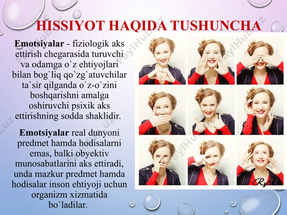 sh bilan paydo bo’ladigan salbiy hissiy holat psixologiya fanida asosiy hissiyotlar atamalari k. izartning talqinicha: qiziqish quvonch hayratlanish iztirob chekish g’azablanish nafratlanish jirkanish qo’rquv uyalish o’zining ezgu maqsadlari, xatti-harakatlari va tashqi qiyofasi, nafrati katta muhit kutilmasiga mos kelmaganligi bilan emas, balki o’ziga loyiq xulq-atvor hamda tashqi siymosi shaxsiy tasavvurlarga ham mos emasligini anglashda ifodalanadigan salbiy hissiy holat emotsional holatlar shkalasi hissiyotlar axloqiy, intellektual (bilim) va estetik hissiyotlarga bo`linadi. axloqiy hissiyotlar insonning odamlarga, ishga, mehnatga, hamda o`ziga bo`lgan munosabatida ifodalanadi. axloqiy hissiyotlar insonning axloqiy xususiyatlari: vijdonlilik, rostguylik, iltifotlik, intizomlilik va boshqa xususiyatlariga bog`liqdir. axloqiy hissiyotlar: vatanparvarlik, insonparvarlik, o`rtoqlik va do`stlik, jamoatchilik, odamning mehnatga munosabatini ifodalovchi hissiyotlar. uyalish va vijdon hissi, diniy hissiyot. axloqsiz hissiyotlar: g`arazguylik, yulg`uchlik, o`zgalardan ustunlik. intellektual hissiyotlar: havasmandlik, qiziquvchanlik, hayratlanish, taajjublanish, sinchkovlik, e`tiborsizlik, ishonch, ikkilanish, yangilikni sevish yoki undan qurqish. estetik hissiyotlar: go`zallik-xunuklik, yuksaklik-tubanlik, fojialilik-komiklik. estetik hissiyotlar axloqiy hissiyotlar bilan chambarchas bog`liqdir. yuksak hislar kishilik jamiyati bilan hayvonot …