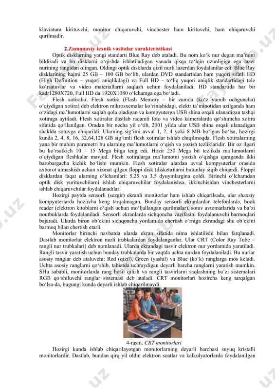 lar: cd va dvd larni o‘qiydigan va ularga ma’lumot yozadigan qurilmalar, videoprotsessor platasi, internetga ulanish uchun turli rusumdagi modemlar, fm radio, oddiy yoki sun’iy yo‘ldosh televideniyasini qabul qiluvchi qurilmalar va boshqa shunga o‘xshash jihozlar joylanishi mumkin. kompyuterga ulanadigan boshqa qurilmalar: klaviatura, sichqoncha, joystik, ovoz kuchaytirgich, mikrofon, printer, skaner, foto va video kamera, mobil telefon, flesh xotira, tashqi vinchester, mahalliy kompyuter tarmog‘i va internetga ulanish kabeli va boshqa shunga o‘xshash qurilmalar protsessor blokiga uning old va orqa tomoniga chiqarilgan ulanish nuqtalariga ulanadi. kompyuterga ulanadigan, to‘g‘rirog‘i, uning tarkibiga kiruvchi qurilmalar joylashiga ko‘ra to‘rt toifaga bo‘linadi: joylangan, ichki, tashqi va qo‘shimcha. joylangan qurilmalar asosiy plata tarkibiga kiradi. ichki qurilmalar turli shinalar orqali asosiy plataga ulanadi va kompyuterning protsessor bloki ichida joylashgan bo‘ladi. tashqi qurilmalar deb kompyuterning asosiy konfiguratsiyasi tarkibiga kiruvchi va protsessor blokidan tashqarida joylashgan qurilmalar: klaviatura, sichqoncha, monitor, printer, flesh xotira, ovoz kuchaytirgich kabi qurilmalarga aytiladi. qo‘shimcha qurilmalar deb kompyuterning asosiy konfiguratsiyasi …
