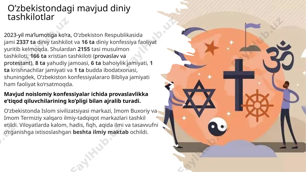 asi boshliqlarining faoliyati bunga misol bo‘ladi. oxiratni 1999-yilning 31- dekabriga “belgilagan” ushbu sekta rahbarlari o‘z tarafdorlarini mol–mulklarini sotish, tushgan mablag‘ni ularga berishga va shu yo‘l bilan gunohlardan forig‘ bo‘lishga chaqirgan. qiyomatning 2001-yil 1-yanvarga “ko‘chirilishi” sekta rahbarlariga nisbatan shubha uyg‘onishiga olib kelgan. shundan so‘ng rahbarlar ugandaning janubi-g’arbidagi kanungu tumanida 500 dan ortiq o‘z tarafdorlarini aldab cherkovda to‘plab, bino eshiklari va derazalarini mixlab, binoga o‘t qo‘yib yuborishgan. ommaviy axborot vositalari xabarlariga ko‘ra, tezkor tadbirlarni o‘tkazgan politsiya yana to‘rt joyda ommaviy qabrlarni topgan. umuman bu sektaning qurbonlari 1000 ortiq bo‘lgani qayd qilingan. “iyegovo shohidlari” sektasi “iyegovo shohidlari” (yoki yahve guvohlari) yo‘nalishiga 1873-yilda charlz teyz rassel (1852–1916) tomonidan aqshda asos solingan. yo‘nalishning diniy ta’limoti uning yetti tomlik “muqaddas yozuvni o‘rganish” kitobiga asoslanadi. ch.rassel vafotidan keyin tashkilotga rahbarlik qilgan iosif (djozef) franklin ruzerford iyegovochilikka “armageddon” (ya’ni, go‘yoki, oxirzamonda iso boshchiligidagi iyegovochilar va shayton boshchiligidagi jinlar qo‘shini o‘rtasida bo‘lib o‘tadigan jang) tushunchasini kiritdi. shuningdek, u har …