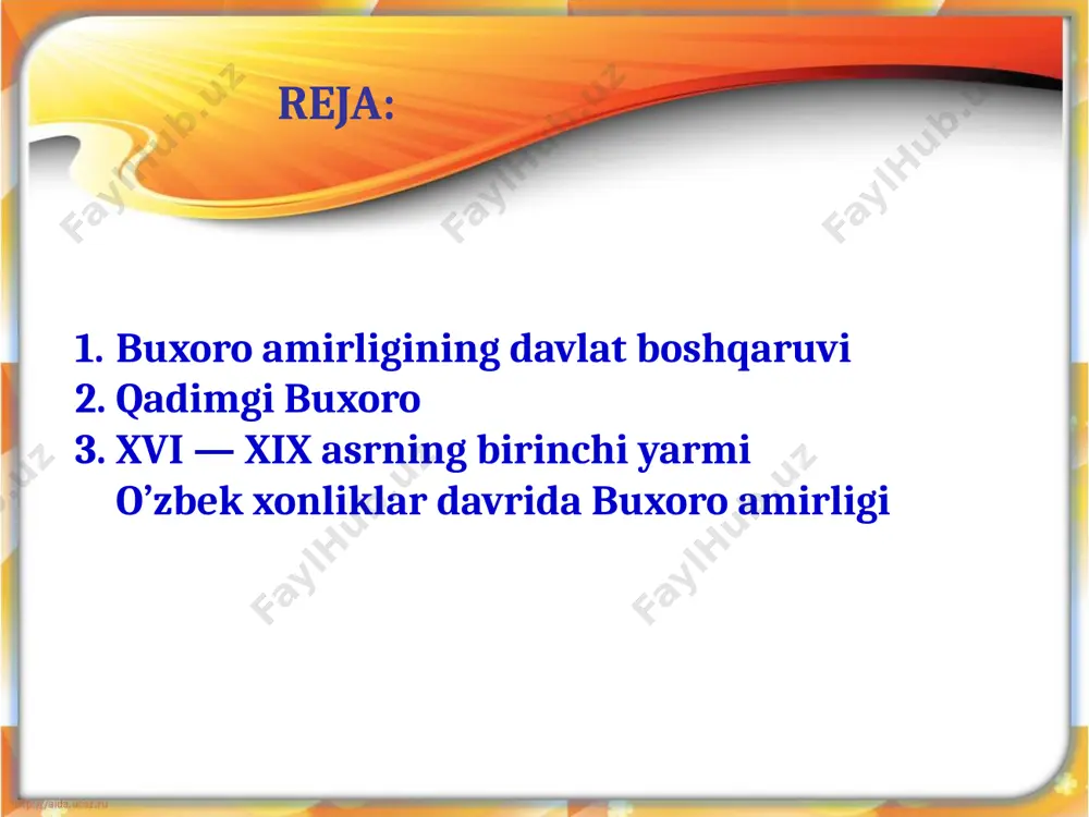 i, jumladan, balx va marvni qaytardi. 1786 yil u karmanada xalq qo'zg'olonini bosdirdi, keyin shahrisabz va xo'jandga muvaffaqiyatli yurishlarni amalga oshirdi. shohmurod afg'on hukmdori temurshohdan ustun kelib, asosan o'zbeklar va tojiklar yashaydigan janubiy turkistonni o'z qaramog'ida saqlab qolishga erishdi. amir haydar (1800-1826yy.) otasidan so'ng taxtga o'tirgan vaqtda butun mavorounnahr uning hukmiga bo'ysinar edi. haydarning taxtga ko'tarilishi ommaviy qo'zg'olonlar va qatllar bilan to'g'ri keldi. 1800 yil marv turkmanlari bosh ko'tarishdi. ichki janjallarga ko'p o'tmasdan qo'qon bilan o'ratepa uchun urush qo'shildi. haydar ushbu shaharni tasarrufida saqlab qolishga muvaffaq bo'ldi. amir haydar davrida siyosiy tizim yakka hokimiyatchilik tomon intilayotgan markazlashgan monarxiyadan tashkil topgan edi. amirga 4 ming kishigacha yetadigan byurokratik mahkama xizmat qilardi. armiyaning miqdori oshdi. faqat buxoroning o'zida 12 ming harbiydan iborat qo'shin turardi. ahmad donishning yozib qoldirishicha, amir haydar boshqaruv vaqtiga "har 3-6 oyda yuzaga keladigan to'xtovsiz feodal urushlar davri" deya baho berish mumkin. haydardan so'ng taxtga uning o'g'li nasrullo (1826-1860yy.) …