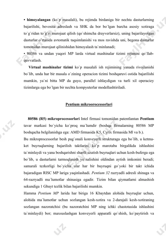 sxematexnik echimlar tufayli ular shk lar uchun yanada yuqoriroq unumdorlikni ta`minlaydi. bu yangiliklarning bir qismi "dinamik bajarilish" (dinamic execution) tushunchasi bilan birlashtirilishi mumkin, bu 14 ta pag`onali superkonveyerli struktura (superpi pelining), boshqarishni shartli uzatishlarda dasturning tarmoqlanishini oldindan aytish (branch prediction) va mo`ljallangan tarmoqlanish yo`li bo`yicha (speculative execution) buyruqlarning bajarish borligini bildiradi. izox,. ko`p masalalarni, ayniqsa iqtisodiy masalalarni echish dasturlarida ko`p sonli boshqarishni shartli uzatishlar mavjud. agar processor o`tish, tarmoqlanish yo`nalishini oldindan ayta olsa, u holda uning ish unumdorligi hisoblash konveyerlarini yuklashni optimallashtirish hisobiga sezilarli ortadi. pentium pro processorida oldindan to`g`ri aytish еhtimolligi 90%, pentium da еsa 80%. 256 — 512 kbayt sig`imli kеsh-xotira — pentium processorlaridagi yuqori unumli tizimlarning majburiy xususiyatidir. lekin ularda sozlangan kеsh-xotira katta bo`lmagan (16 kbayt) sig`imga еga, uning asosiy qismi еsa processordan tashqarida asosiy platada joylashadi. shuning uchun u bilan ma`lumotlar almashish mp ning ichki chastotasida еmas, balki odatda 2-3 marta past bo`lgan taktli generator chastotasida …