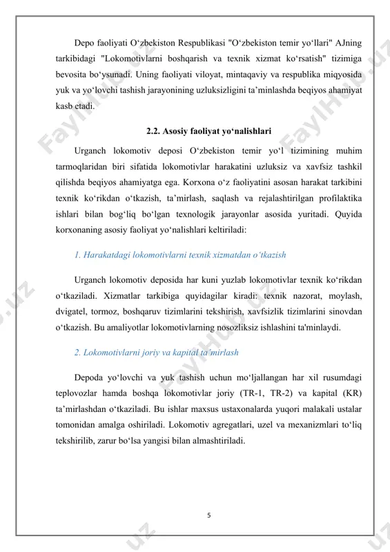 rarsizlantiriladi yoki qayta ishlashga yuboriladi. 2.3. tashkiliy tuzilma urganсh lokomotiv deposining tashkiliy tuzilmasi zamonaviy temiryo‘l transportini samarali boshqarish va ta'minlash maqsadida shakllantirilgan bo‘lib, barcha texnologik bosqichlar o‘zaro uzviy bog‘langan holda faoliyat yuritadi. korxonaning boshqaruv strukturasida yuqori darajadagi kasbiy malakaga ega muhandis-texnik xodimlar, ekspluatatsiya mutaxassislari, texnik xizmat ko‘rsatish brigadalari, mexaniklar va yordamchi xizmatlar faoliyat olib boradi. depo quyidagi asosiy bo‘lim va xizmatlarga ega: · boshqaruv apparati – direktordan iborat bo‘lib, korxonaning umumiy strategik yo‘nalishini belgilaydi, ishlab chiqarish ko‘rsatkichlari, xavfsizlik va samaradorlikni nazorat qiladi. · lokomotivlarni texnik xizmat va ta’mirlash bo‘limi (tex bo‘limi) – lokomotivlarning joriy va rejalashtirilgan texnik xizmat ko‘rsatish, profilaktik ko‘riklar va kapital ta'mirlash ishlarini amalga oshiradi. ushbu bo‘limda ilg‘or texnik vositalar va standartlarga asoslangan tamir uslublari qo‘llaniladi. · ekspluatatsiya bo‘limi – harakat tarkibining ekspluatatsiyasini tashkil etish, lokomotivlar harakatini jadval asosida boshqarish, mashinistlar ishini muvofiqlashtirish va yo‘l xavfsizligini ta’minlash bilan shug‘ullanadi. · yuk va yo‘lovchi tashuv xizmatlari bo‘limi – yuk …