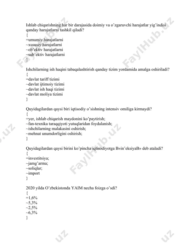1600; ~1: 2000; ~1: 2400; ~0,7361 } davlatning daromadlar taqsimotidagi tengsizlikni yumshatish, bozor iqtisodiyoti ishtirokchilari o’�rtasidagi ziddiyatlarni bartaraf qilish va aholini samarali ijtimoiy himoyalash siyosati qanday nomlanadi? { =ijtimoyi siyosat; ~iqtisodiy siyosat; ~monetar siyosat; ~ijtimoiy-iqtisodiy siyosat. } narxlar oralig’�idagi farqlarning puldagi miqdoriy ifodasi qanday nom bilan ataladi? { =narx diapozoni ~narx pariteti (nisbati); ~narx ko’�rsatkichi ~narx chegarasi } shaxsiy daromad 150000 so’�m bo’�lib uning 130000 so’�mi iste’molga kesa, iste’molga o’�rtacha moyillik necha foizni tashв¬kil qiladi? { =86,6%; ~83,5 %; ~85,4 %; ~87,0 %; } quyidagi tengliklardan qaysi biri to’�g’�ri? { =smm-egri soliqlar - milliy daromad; ~smm-amortizatsiya - milliy daromad; ~smm-ish haqi - milliy daromad; ~smm’“to’�g’�ri soliqlar - milliy daromad; } ulgurji narx bu-? { ~tovarlar bevosita iste’molchilarga sotiladigan narx ~davlat byudjeti hisobidan maxsus arzonlashtirilgan narx. ~muayyan tovarni ishlab chiqarishga sarflangan baynalminal harajatlarni, tovarning jahon standarti talabiga mos kelish darajasini va xalqaro bozordagi talab va taklif nisbatini hisobga oladi. =ishlab chiqaruvchilar …
