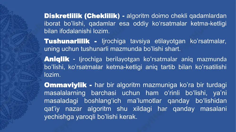 tuzishda takrorlanuvchi algoritmlardan foydalaniladi. takrorlanuvchi algoritmlar “i=i+1”, “s=s+i” yoki “p=p*i” ko’rinishidagi ko’rsatmalarning ishtiroki bilan ajralib turadi (* – ko‘paytirish amali). bunday ko’rsatmalarning mohiyatini tushunish uchun takrorlanishning bir nechta qadamini ko‘rib chiqish lozim. takrorlanuvchi algoritm * 1 dan n gacha bo’lgan natural sonlar yig’indisini hisoblash algoritmini tuzing. takrorlanuvchi algoritm * e'tiboringiz uchun rahmat! *