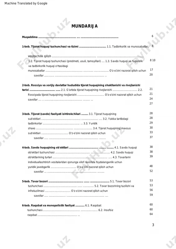 56 59 6-bob. raqobat va monopolistik faoliyat ............ 6.1. raqobat tushunchasi................................................. ...................... 6.2. insofsiz raqobat ................................................... ... machine translated by google 78 78 10-bob. vositachilik bitimlari ................................................ ....... ......... 116 10.1. agentlik shartnomasi ................................................... .... ...................... 116 10.2. komissiya shartnomasi ................................................... .... ....................... 119 10.3. agentlik shartnomasi ................................................... .......................... 125 10.4. vositachilik shartnomalarining boshqa turlari .................................. 127 o'z-o'zini nazorat qilish uchun savollar .. ...... ................................................... ............ . 80 11-bob. savdoga ko'maklashish to'g'risidagi shartnomalar ...................................... ........ 131 11.1. marketing tadqiqotlari (ishlari) uchun shartnoma ............................................. ................................................................ ......................... ......... 131 11.2. reklama shartnomasi ................................................... ...... ...................... 133 11.3. axborot xizmatlarini ko'rsatish bo'yicha shartnoma ................................... 135 11.4. transport ekspeditsiyasi shartnomasi ............................................. ..... 137 11.5. omborni saqlash shartnomasi ............................................. 139 o'z-o'zini nazorat qilish uchun savollar ................................................... ............... ...... 142 7-bob. birja savdosi ................................................ ....... ................... 7.1. birja savdosi tushunchasi, birja turlari ................................... 7.2. tovar birjalari faoliyatini huquqiy tartibga solish ............ o'z-o'
