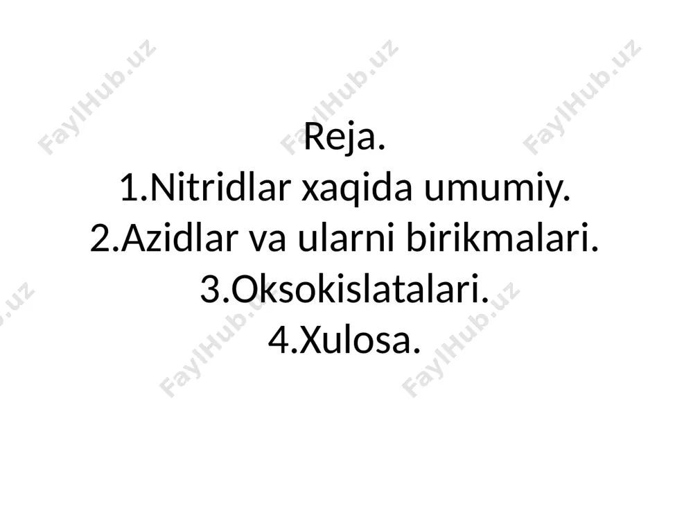 li gaz, suv bilan birikib, nitrat kislota (hno3) va nitrit kislota hosil qiladi. u kuchli oksidlovchi, raketaning suyuq yonilgʻisini oksidlash, organik moddalarni nitrolash uchun ishlatiladi. azot qoʻsh oksid n2o4 va azot (u)-oksid n2o5 – rangsiz kristall modda. amalda deyarli ishlatilmaydi. azot oksidlari fiziologik faol moddalardir. azot – rangsiz, hidsiz gaz; qaynash temperaturasi – 195,8°, suyuqlanish temperaturasi – 209,86°, 1 l azot 1,2506 g; 1 l suvda (0° da) 23,3 ml eriydi. odatdagi sharoitda azot nihoyatda passiv, faqat litiy bilan birikishi mumkin; boshqa elementlar bilan qizdirilganda, bosim taʼsirida va katalizatorlar ishtirokidagina birika oladi. vodorod bilan birikib, ammiak, gidrazin va boshqa birikmalar, kislorod bilan oksidlar, metallar bilan nitridlar hosil qiladi. azidlar. azidlar – kimyoviy birikmalar, tarkibida bir yoki bir necha – n3 guruhi boʻlgan azid kislota hosilalari. anorganik a.ga azid kislota tuzlari [mas, natriy azid nan3, qoʻrgʻoshin azid pb(n3)2], galogenazidlar (mas, xlor-azid c1n3) va boshqa kiradi. koʻpchilik anorganik a. yengil zarblanish yoki …