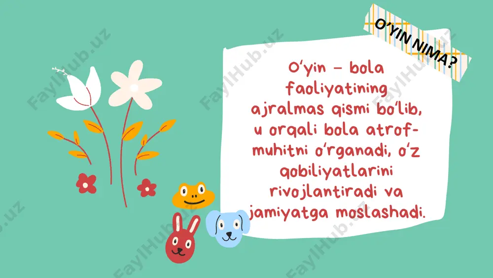 ni o‘rgatadi. ijodiy funktsiya 📌 fantaziyani rivojlantiradi. 📌 yangi narsalarni yaratish qobiliyatini shakllantiradi. masalan: lego, konstruktorlar bolalarning dizayn va muhandislik qobiliyatlarini oshiradi. o‘yin faoliyatining asosiy funktsiyalari o‘yin orqali bolalarning o‘zini anglash va boshqarishi 🟢 o‘z-o‘zini anglash – bola o‘z kuchli va zaif tomonlarini bilib oladi 🟢 o‘z-o‘zini boshqarish – tartib-intizom, qoidalarga rioya qilish, hissiyotlarni nazorat qilish 🟢 mas’uliyat hissi – o‘yin qoidalariga rioya qilish orqali shakllanadi xulosa pedagog va ota-onalar uchun: bolalar hayotida o‘yinga yetarlicha vaqt ajratish o‘yinlarning yoshga mosligiga e’tibor berish o‘yinlar orqali bolalarni faol o‘rganishga undash o‘yinlar bolaning har tomonlama rivojlanishiga xizmat qiladi! jismoniy va aqliy rivojlanishni qo‘llab-quvvatlaydi muloqot va ijtimoiy ko‘nikmalarni shakllantiradi bolani kelajak hayotiga tayyorlaydi tadqiqotchilar fikri: e’tiboringiz uchun rahmat! image1.jpeg image2.png image3.png image4.png image5.svg image6.png image7.svg image8.png image9.svg image10.png image11.svg image20.png image21.svg image22.png image23.svg image12.png image13.svg image14.png image15.svg image16.png image17.svg image18.png image19.svg image32.svg image33.png image34.svg image35.png image36.svg image24.png image25.svg image26.png image27.svg image28.jpeg image29.png image30.svg image31.png …