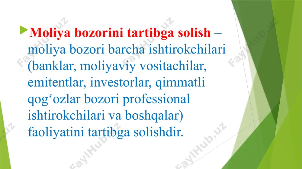 oʻyicha turli tashkilotlar faoliyat yuritishi asosida mamlakatlarni beshta yirik guruhga ajratish mumkin. birinchi, guruh mamlakatlarida fond bozorini davlat tomonidan tartibga solish organlari bevosita qonunchilik hokimiyatiga yoki davlat yuqori mansabdor shaxslariga boʻysunuvchi nisbatan mustaqil institutlardir. bunga bevosita mamlakat prezidentiga boʻysunuvchi aqsh qimmatli qogʻozlar va fond birjalari boʻyicha komissiyasi misol boʻladi. ikkinchi, guruh mamlakatlarda davlat tartibga solish funksiyalarini moliya vazirliklari bajaradi. bunda moliya vazirligi tarkibida milliy fond bozorini boshqarishga javobgar maxsus boʻlinmalar belgilanadi. angliyada moliyaviy xizmatlar va moliya bozori ishtirokchilari tizimi moliya bozori yagona regulyatori – buyuk britaniya moliya vazirligi tarkibiga kiruvchi moliyaviy xizmatlar idorasi nazorat zonasiga kiradi. uchinchi, guruh mamlakatlarda fond bozorini tartibga solish bilan markaziy banklar shugʻullanadi. niderlandiyada moliya bozori boshqarmasi fond bozorida professional faoliyat ustidan bevosita nazoratni amalga oshiradi. umumiy holda mamlakat moliya bozorining barcha sektorlarini nazorat qilish niderlandiya markaziy banki vakolatlariga kiradi. toʻrtinchi, guruh mamlakatlarda fond bozorini tartibga solish boʻyicha nazorat va boshqa funksiyalar tartibga soluvchi yagona organdan …