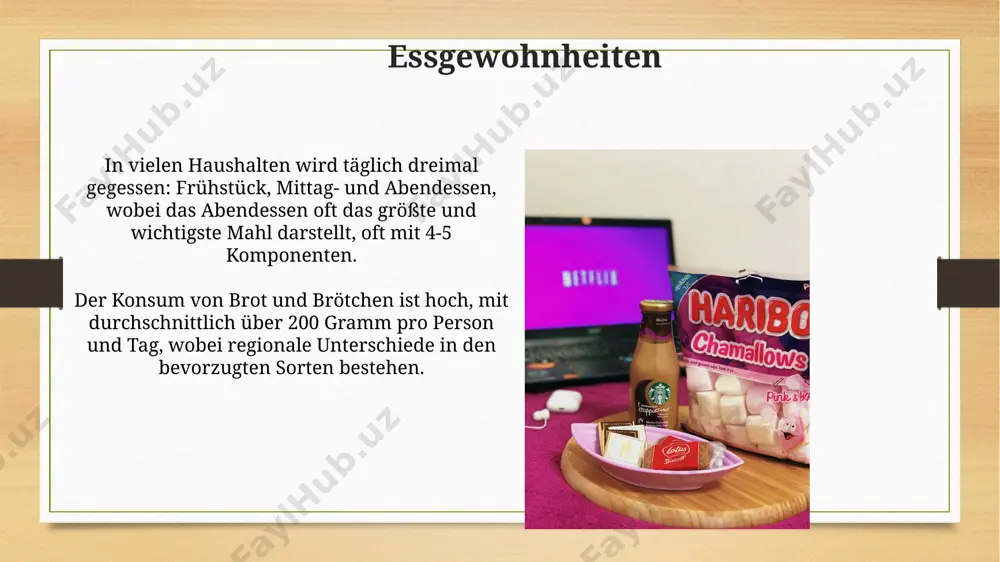 wurde. zu ostern verstecken viele familien über 100 bunte eier im garten – eine aufregende suche für groß und klein, die oft mit traditionellem ostergebäck belohnt wird. kleidungsstile in ländlichen gegenden deutschlands bevorzugen etwa 70% der bevölkerung funktionale kleidung, wie robuste schuhe und wetterfeste jacken, reflektierend die landwirtschaftlich geprägte tradition. trotz der vielfalt an stilen behalten klassische kleidungsstücke wie blazer, jeans und chinos ihre beliebtheit; geschätzt 65% der bevölkerung besitzen mindestens ein solches basiselement in ihrem kleiderschrank. begrüßungsrituale der dreifache kuss auf die wange, ein weit verbreitetes begrüßungsritual in frankreich und einigen anderen europäischen ländern, ist in deutschland weniger gebräuchlich und kommt meist nur unter sehr guten freunden oder familienmitgliedern vor. in ländlichen regionen deutschlands begrüßt man sich oft mit einem festen händedruck, begleitet von einem freundlichen „guten tag“ oder „grüß gott“, wobei letzteres vor allem im süden deutschlands üblich ist und regionale variationen aufweist. vielen dank für ihre aufmerksamkeit …