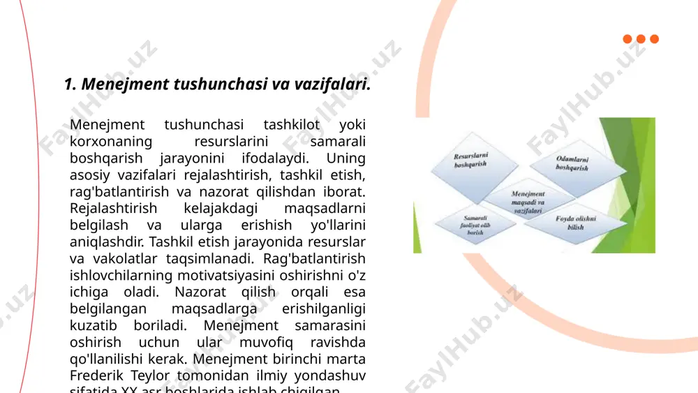 atini beradi. shu tariqa, strategik menejment tashkilotni barqaror ravishda rivojlantirishda muhim omil hisoblanadi. ... t.me/slaydai_bot rahbarlik va liderlik tashkilotlar uchun muhim tushunchalardir. rahbarlik, odatda, tashkilotning kundalik faoliyatini boshqarish va resurslarni taqsimlashni o'z ichiga oladi. liderlik esa jamoani ilhomlantirish, strategik qarorlar qabul qilish va o'sishga yo'naltirish qobiliyatini anglatadi. ko'pincha rahbarlar va liderlar bir shaxsda jamlangan bo'ladi, lekin har doim ham shunday emas. tadqiqotlarga ko'ra, muvaffaqiyatli tashkilotlar rahbarlik qobiliyatiga ega bo'lgan liderlar tomonidan boshqariladi. 2020-yilgi bir tadqiqotga ko'ra, kuchli liderlik qobiliyati xodimlarning samaradorligini 20% ga oshiradi. shu bilan birga, xodimlarning ishga qoniqish darajasi ham 30% ga yaxshilanadi. ... t.me/slaydai_bot 7. menejmentda qaror qabul qilish jarayoni. ma'lumotlarni to'plash va tahlil qilish qaror qabul qilish jarayonida muhim bosqich hisoblanadi. menejerlar qarorlarni qabul qilishda statistik ma'lumotlar, hisobotlar va prognozlardan foydalanadilar. jarayon quyidagi bosqichlardan iborat: 1) muammoni aniqlash; 2) ma'lumot yig'ish; 3) mumkin bo'lgan variantlarni ko'rib chiqish; 4) eng yaxshi yechimni tanlash; 5) qarorni amalga oshirish; …