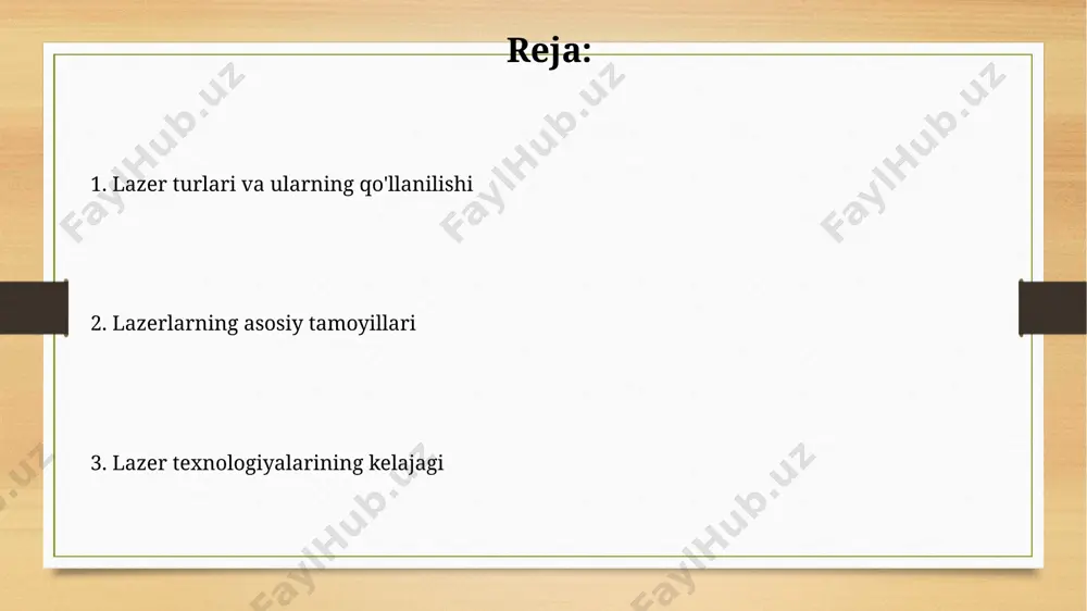 nilishini aniqlaydi. masalan, co2 lazerlari 10.6 µm to'lqin uzunligiga ega bo'lib, to'qimalarni kesishda samarali qo'llaniladi. gazli lazerlar, masalan geliy-neon lazerlar, past quvvatli, lekin yuqori darajada yo'naltirilgan nur chiqaradi. ularning to'lqin uzunligi 632.8 nm atrofida bo'lib, spektral tahlil va golografiya kabi ilmiy tadqiqotlarda keng qo'llaniladi. lazerlarning tarixi yarimo'tkazgich lazerlarining ixtiro qilinishi, 1962-yilda, kichik o'lchamlari, yuqori samaradorligi va turli xil to'lqin uzunliklarini hosil qilish qobiliyati bilan lazer texnologiyalarini inqilob qildi. 1960-yilda theodore maiman dunyodagi birinchi ruby lazerini yaratdi, bu esa 694.3 nm to'lqin uzunligidagi qizil nur hosil qildi va lazer texnologiyalarining rivojlanishiga turtki bo'ldi. aloqa tizimlarida lazerlardan foydalanish aloqa tizimlarida yuqori tezlikdagi maʼlumot uzatish uchun 10 gbps dan yuqori tezlikka ega lazerli optik tolali aloqa liniyalaridan foydalaniladi, bu esa katta hajmdagi maʼlumotlarni samarali uzatish imkonini beradi. suv osti aloqasida lazer nurlari yordamida maʼlumot uzatish ko'plab shovqinlarga chidamliligi tufayli, taxminan 10-20 km masofalarga samarali bo'ladi. sanoatda lazerlardan foydalanish yarimoʻtkazgichli lazerlar mikroelektronika sanoatida 50 …
