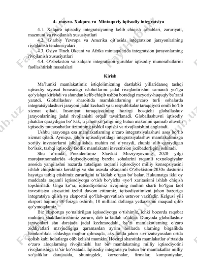 xalqaro va mintaqaviy iqtisodiy integratsiya — DOCX