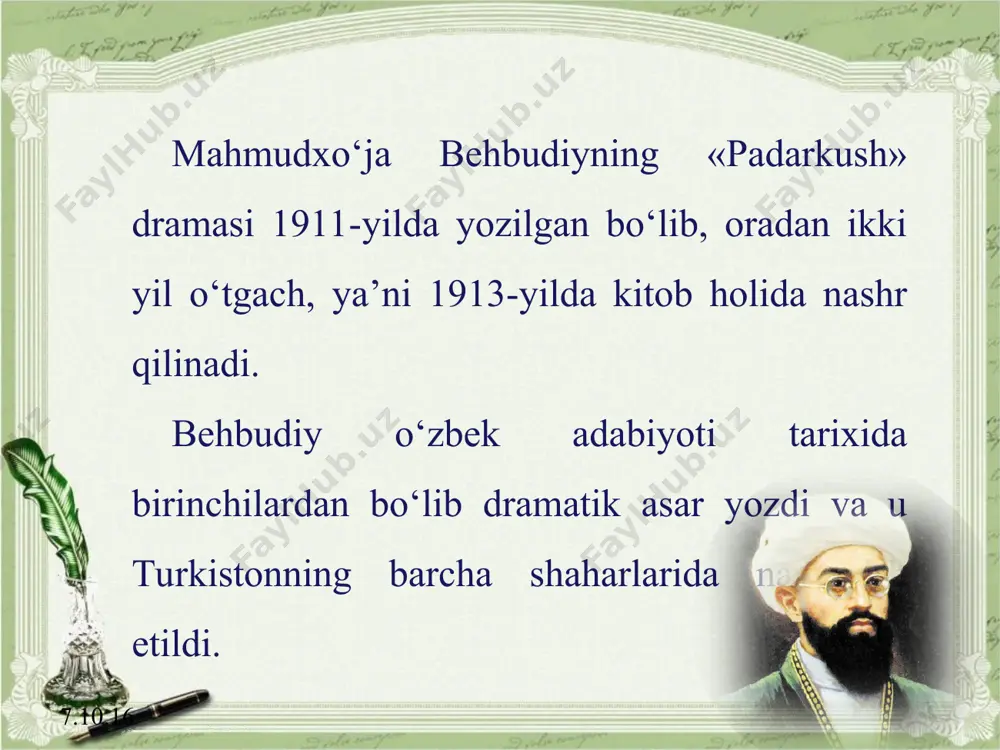inson qadrini ham, obro‘-e’tiborini ham boylik bilan o‘lchaydi; o‘z boyligi tufayli hamma-hamma ularni «izzat qilishadi» degan fikr bilan yashaydi. 7.10.16 dramada boyning eng katta xatosi ziyoli kishilarning so‘zlariga quloq solmasdan, quloq solsa ham, noilojlikdan, mudrab, o‘z jigarbandining taqdiriga befarq qaraganidir. bilamizki, sharqona madaniyatimizda farzand, eng avvalo, otaga so‘zsiz itoat etishi lozim. boy ham vaqtida insofga kelib bolasini yo‘lga solganida, bunday mudhish holat, balki yuz bermagan bo‘lar edi. shu yerda dramaturg boyning tilidan bir narsani ta’kidlab o‘tadiki, «mani savodim yo‘q, bovujud, bu shahrimizning katta boylaridandurman va har ishni bilur-man» - bu o‘sha zamonga monand ayni haqiqat edi. 7.10.16 boyning gapida yana bir xato mavjud, u boylik topishdan o‘zga ishni bilmaydi. inson faqatgina moddiy boylik bilan yashay olmaydi. unda ma’naviy, jismoniy hamda ruhiy boylik ham bo‘lishi lozim. muhtaram o‘quvchi, agar diqqat qilgan bo‘lsangiz, av-val boy huzuriga domla kirib boradi. boyni ilm-ma’rifatga, o‘g‘lini o‘qi tish zarurligiga urg‘u beradi. o‘z zimmasidagi amri ma’ruf va …