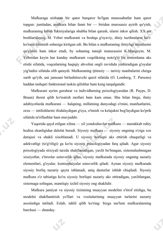 da siyosiy borliq nazariy qayta ishlanadi, aniq dasturlar ishlab chiqiladi. siyosiy mafkura o'z tabiatiga ko'ra siyosiy borliqni nazariy aks ettiradigan, yaxlitlangan, sistemaga solingan, mantiiqiy izchil siyosiy ong shaklidir. mafkura jamiyat va siyosiy tizimning muayyan modelini e'tirof etishga, bu modelni shakllantirish yo'llari va vositalarining muayyan turlarini nazariy asoslashga intiladi. eslab, tahlil qilib ko'ring: bizga ma'lum mafkuralarning barchasi — shunday. boshqacha qilib aytganda, biz urushlar va inqiloblar bilan bir qatorda g'oyalar va mafkuralar ham insoniyat va madaniyat taraqqiyotini belgilab keladi, deb aytaolamiz. eng dahshatli urushlar, eng qonli inqiloblar guvohi bo'lgan xx asrni «mafkuralar asri», deb nom olganligining o'zi — ana shu urushlar, inqiloblarning tub zaminini aslida dunyoni ikki qarama — qarshi qutbga bo'lib yuborgan mafkuralar kurashi tashkil etganligining e'tirofidir. ammo, bularning barchasi siyosiy mafkura siyosiy nazariyaga aynan o'xshash ekan, degan ma'noni anglatmaydi aslo. bunday deb hisoblash masalani siyqalashtirihdan boshqa narsa emas. siyosiy mafkura siyosiy nazariyadan farq qiladi. u nafaqat "mavjudlik" haqidagi aniq …