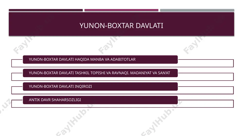 chi yarmiga to‘g‘ri keladi. janubiy hududlardagi bu davrga oid jondavlattepa, oyxonim, qorabog‘tepa kabi yodgorliklardan hokimlar saroylari, ibodatxonalar, turar-joylar, mehnat va jangovar qurollar, turli hunarmandchilik buyumlari hamda ko‘plab tanga pullarning topilishi bu hududlardagi ijtimoiy-iqtisodiy va madaniy hayotdagi rivojlanishdan dalolat beradi. yunon-baqtriya podsholigi davlat tuzilishining muhim tomoni - qo‘shin va uni tashkil etish edi. avvalo, ta’kidlash lozimki, yunon-baqtriya qo‘shinlarining katta qismini baqtriyaliklar va boshqa mahalliy aholi tashkil etgan. qo‘shinning asosiy harakatlantiruvchi kuchlari otliq-suvoriylardan iborat bo‘lgan. qo‘shinlar tarkibida harbiy fillar ham bo‘lgan yunon-boxtar davlati tashkil topishi va ravnaqi. madaniyat va san’at yunon-baqtryada shaharlar kop bolgan. shuning uchun qadimgi tarixshilar pompey va apalloderlar yunon-baqtryani "ming shaharlar mamlakati,, deb bejiz aytishmagan. eng yirik shaharlari baqtrya, termiz, evkratideya, demetriya, aleksandrya va boshqalar bolgan.bu shaharlarda hunarmandshilik va savdo-sotiq rivoj topgan. yunon-baqtrya savdo-sotiq ham juda rivojlangan edi. yunon-baqtrya shimoldan janubga, sharqdan g'arbga o'tadigan korvon yollarining qoq ortasida joylashgani savdo-sotiqning rivojlanishiga imkon bergan. yunon-baqtrya savdogarlari va podsholari hindiston, xitoy, …