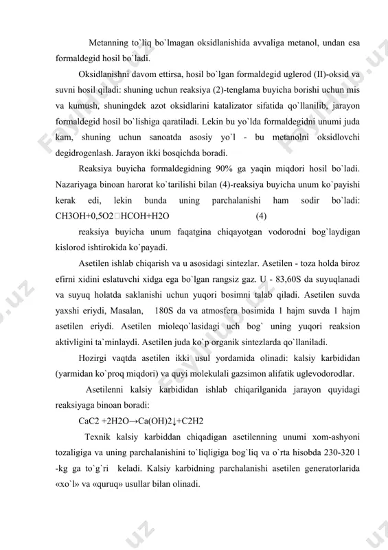 arga ega, masalan, qurilmalarning ko`polligi, elektr energiyaning ko`p sarflanishi va chiqitlarning ko`pligi. etanol ishlab chiqarish. ozuq-ovqat mahsulotlaridan achitish natijasida olinadigan etil spirti borgan sari sintetik spirt bilan almashtirilmokda. 1 tonna etilen 4 tonna donni almashtirishga imkon beradi va spirt arzon tushadi, undan tashqari mexnatni kamrok sarflanishiga ham yordam beradi. etanol c2h5oh - bu 78,30s da qaynaydigan suyuqlik. kam ziyonli zaharli moddalar sinfiga mansub va inson organizmida narkotik ta`sir etadi. etanolning ko`p miqdori ozuq-ovkat va tibbiyot sanoatida qo`llaniladi. u yaxni yoqilg`i, erituvchi, antifriddir. yarimmahsulot sifatida juda ko`p sintezlar uchun kerak. uning asosida olinadigan moddalar: sintetik kauchuklar, selluloid, asetalg`degid, sirka kislotasi, sun`iy moyi, dori-darmonlar, xushbuy moddalar, ddt, portlovchi moddalar va hokazo. sanoatda sintetik etanol etilenning ikki usulda gidratasyasi natijasida olinadi. a.m.butlerov tomonidan kashf etilgan sulfat kislotali usul sanoatda xx asrning 50-yillarida o`zlashtirilgan. uning asosida quyidagi reaksiya etadi: etilen bilan sulfat kislotasini ta`sirlashishi ikki bosqichdan iborat bo`lib, 1- bosqichda etilenning sulfat kislotada fizikaviy …